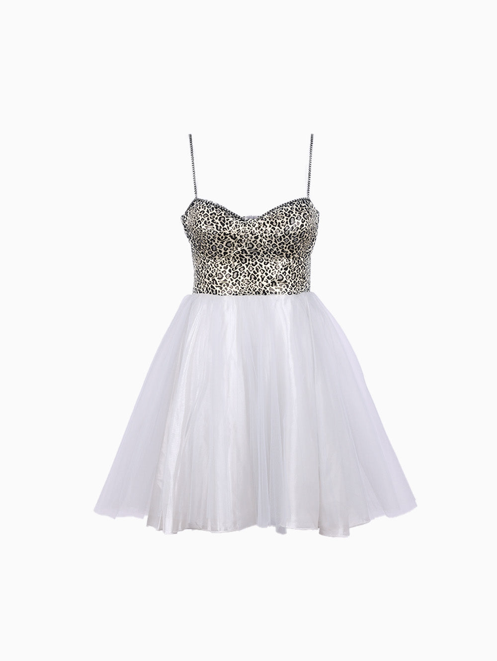 Front view of Siste’s Leopard Bodice Tulle Mini Dress