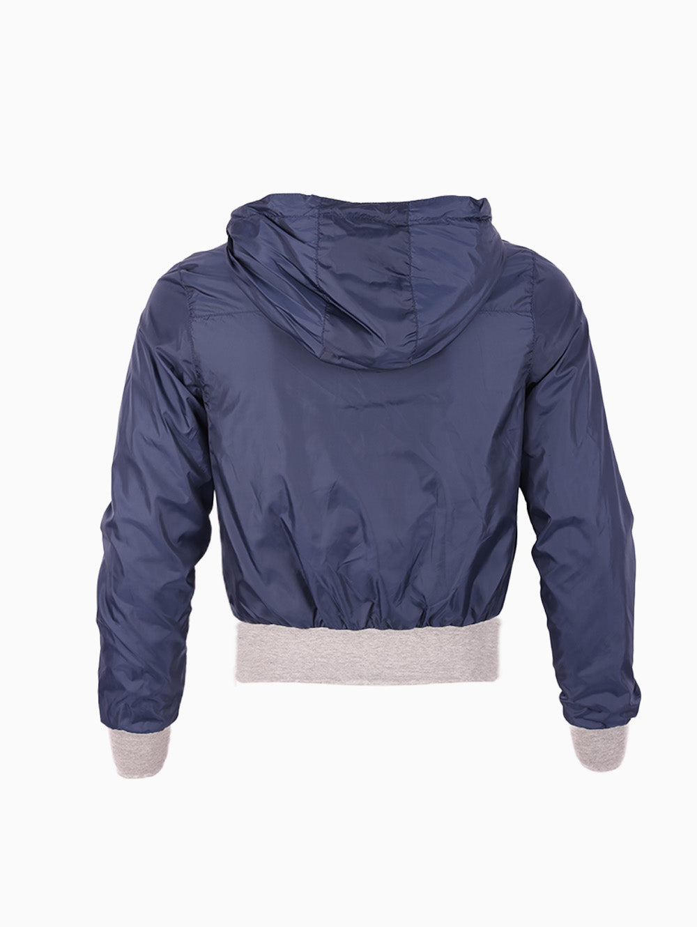 Back view of Target Men’s Navy Hooded Jacket with grey ribbed trim.