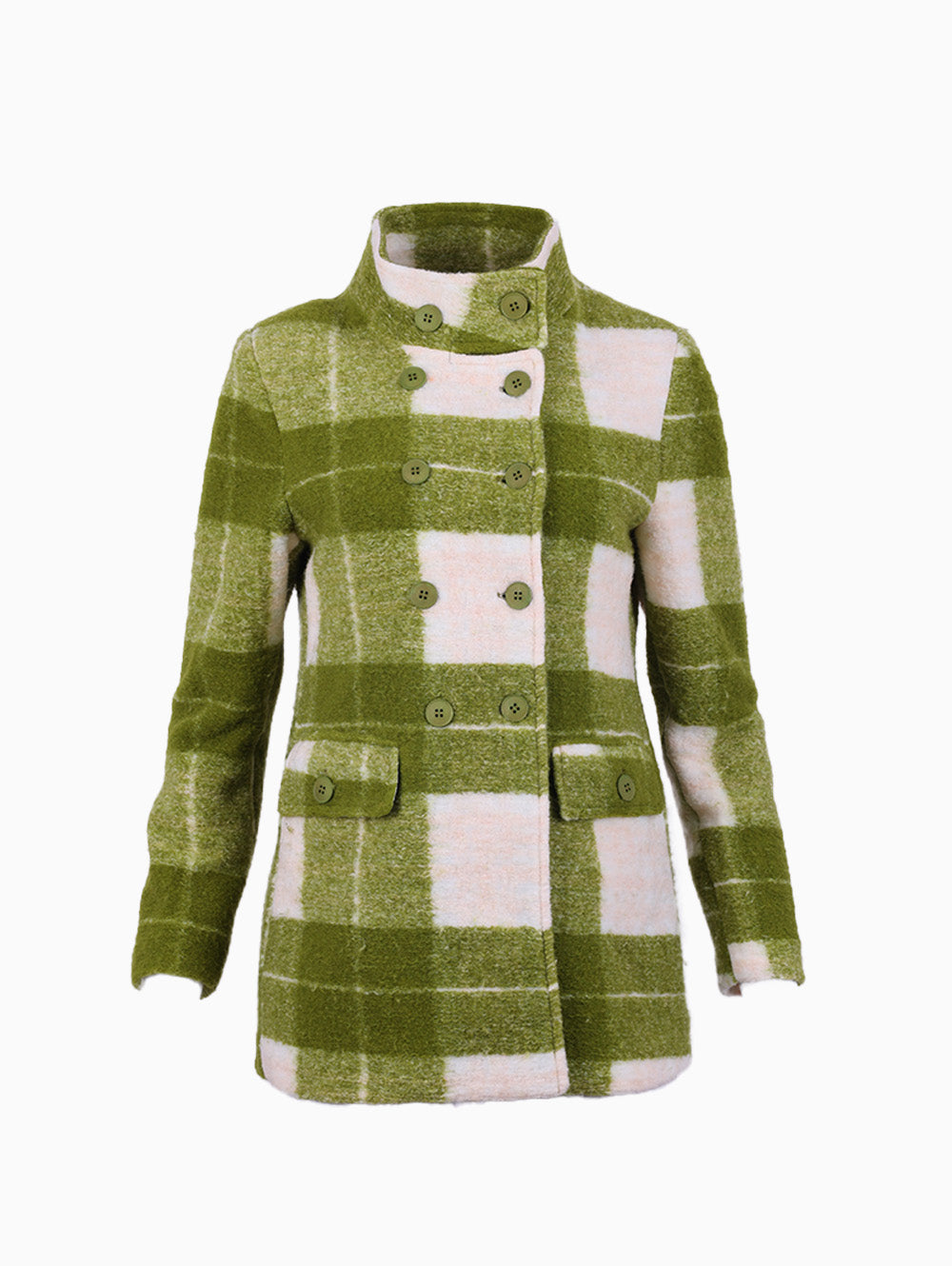 Siste’s Italian Checkered Coat – Green Plaid Double-Breasted Jacket Front