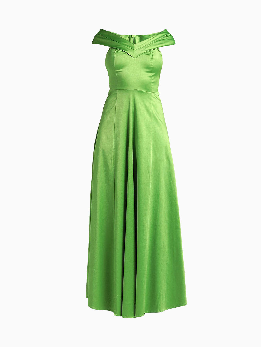 Green off-shoulder satin maxi dress front view