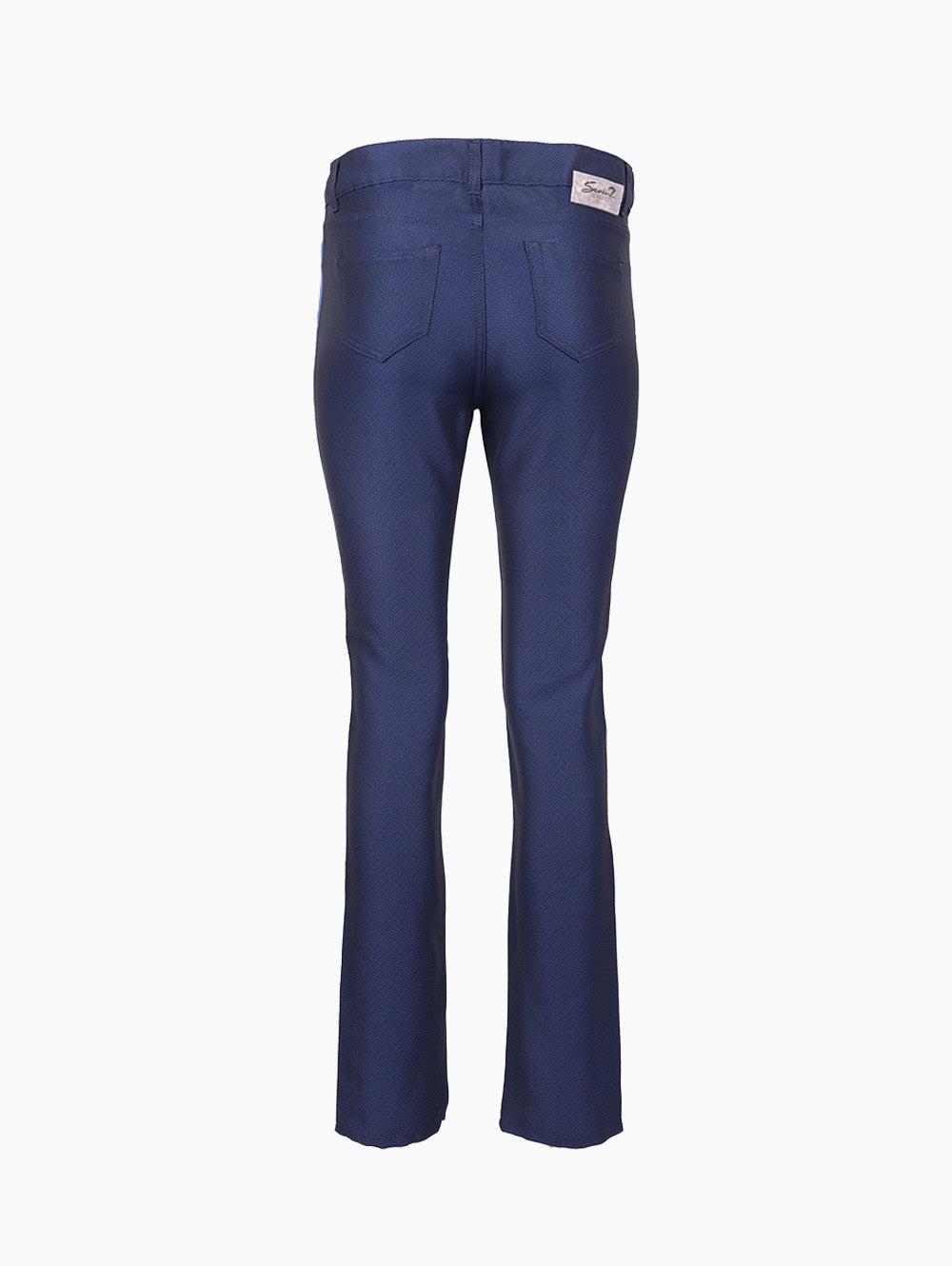 Back view of Seven MADONNA15 navy flared jeans with designer logo patch