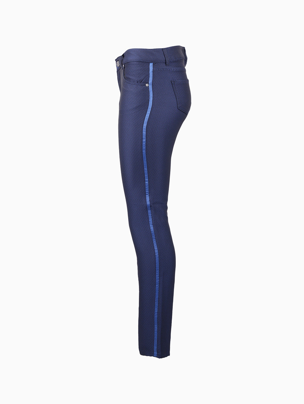 Side profile of designer navy flared jeans with tonal stripe – Seven MADONNA15