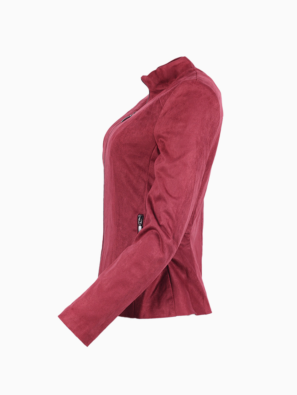Side view of Siste’s suede jacket in burgundy with zip detail