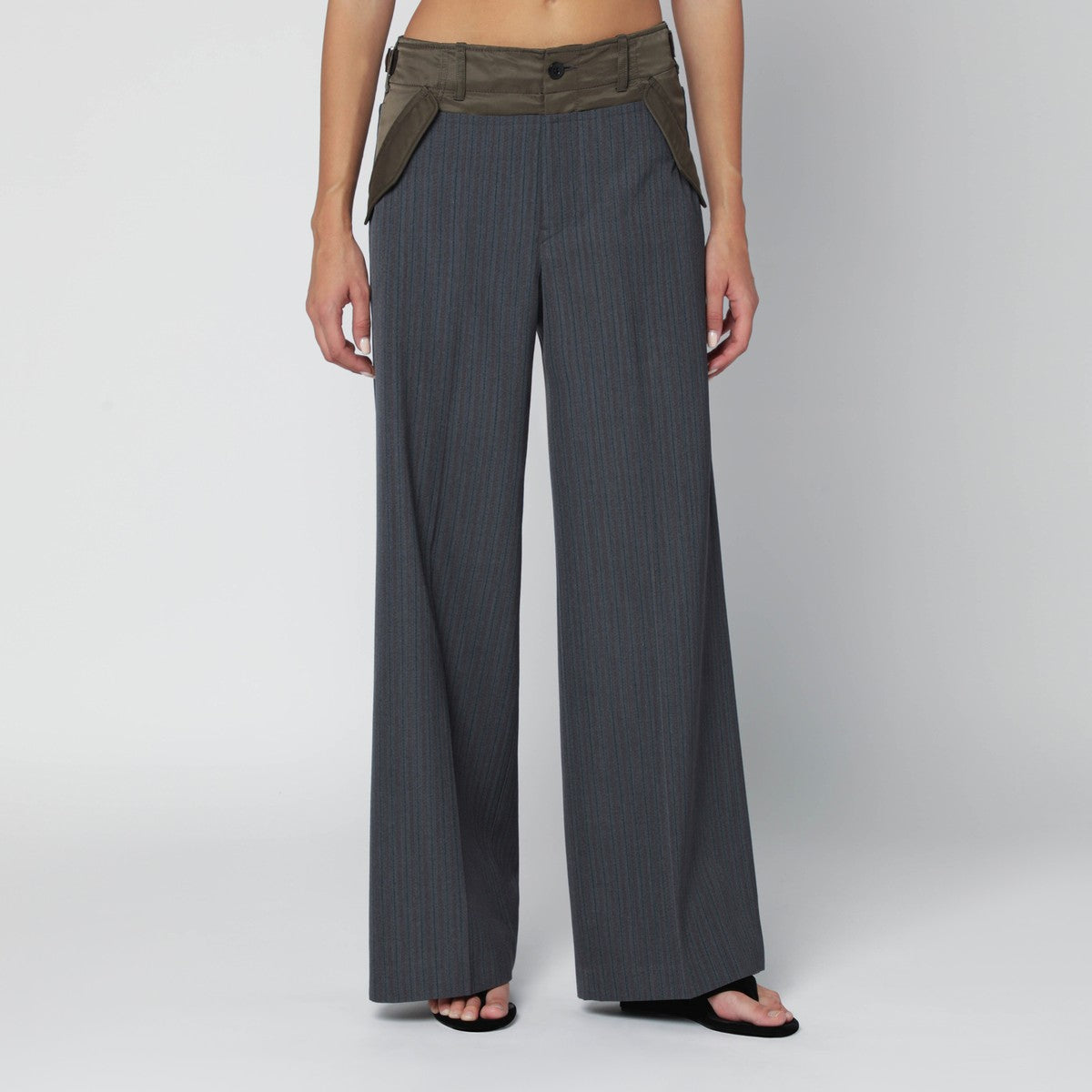 Sacai Sacai Grey/khaki pinstripe bi-material trousers