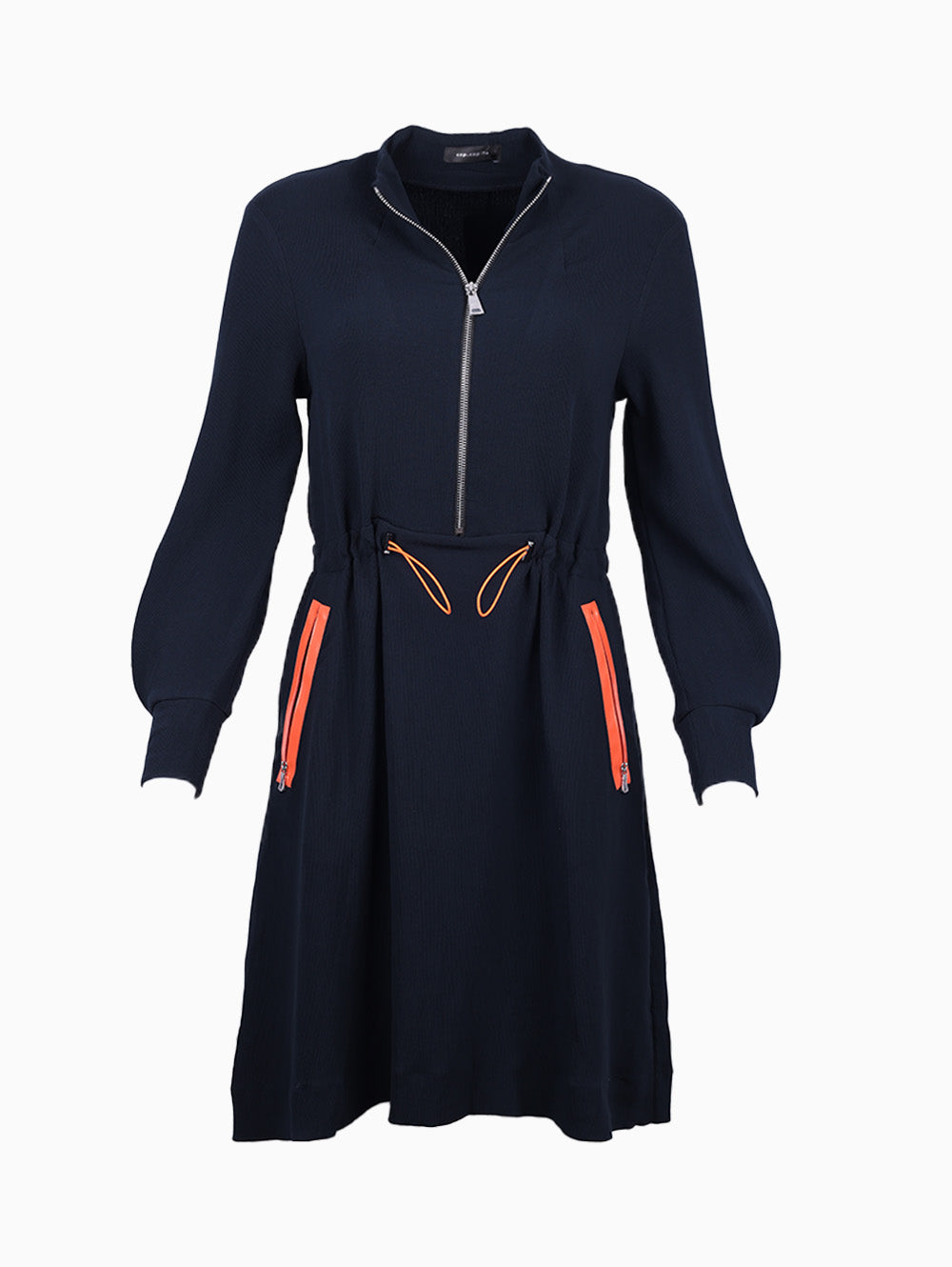 Cop.Copine Rabacop Dress Navy Front – Long Sleeve with Orange Zip Detail