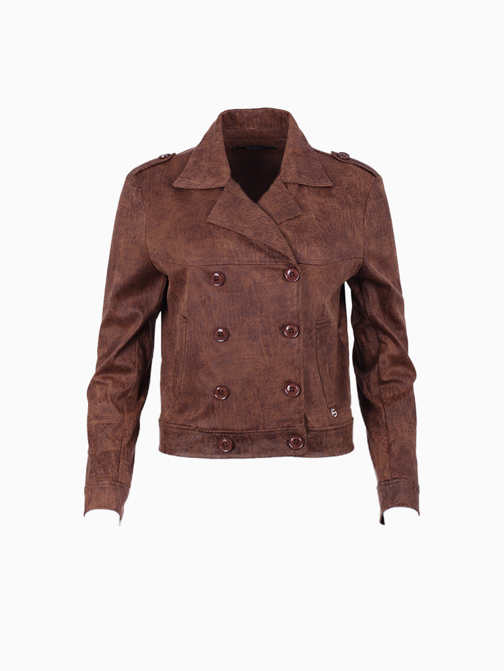 Front view of Siste's Double-Breasted Jacket in brown vintage finish