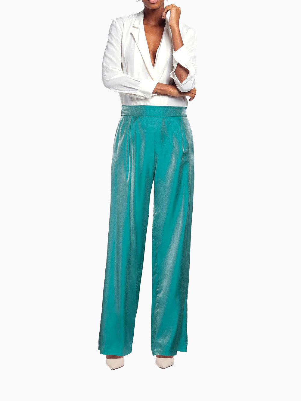 Model wearing Siste's turquoise high-waist wide-leg pants