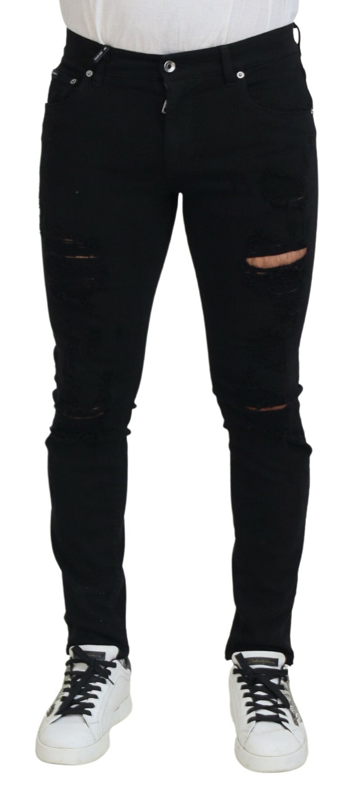 بنطلون جينز قطني ممزق من دولتشي آند غابانا باللون الأسود بقصّة "Slim Fit"