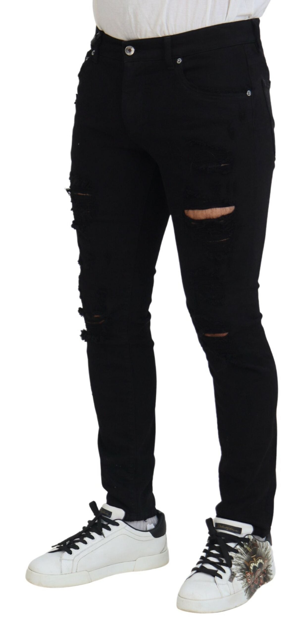 بنطلون جينز قطني ممزق من دولتشي آند غابانا باللون الأسود بقصّة "Slim Fit"