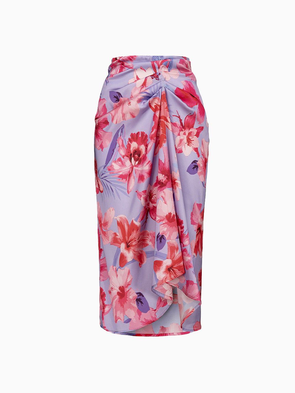Pinko satin skirt with tropical floral print front view
