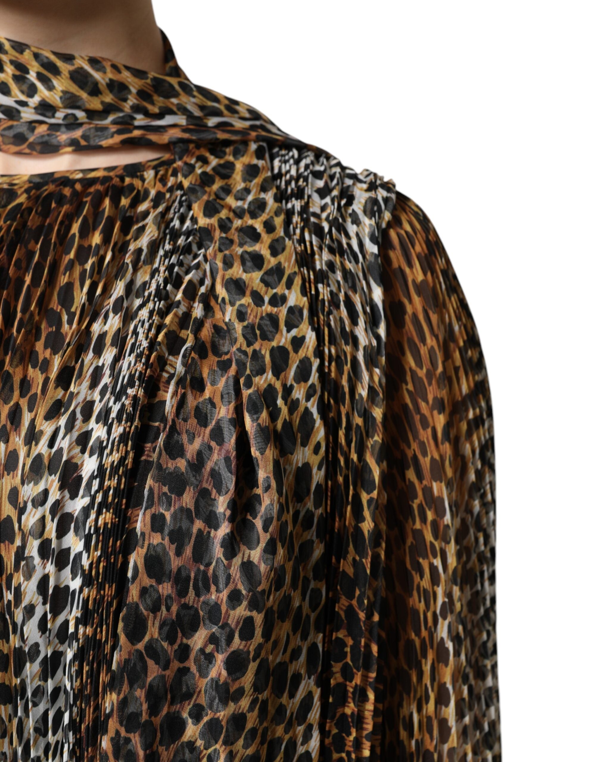 Brown Leopard Print Scarf Collared Chiffon Dress