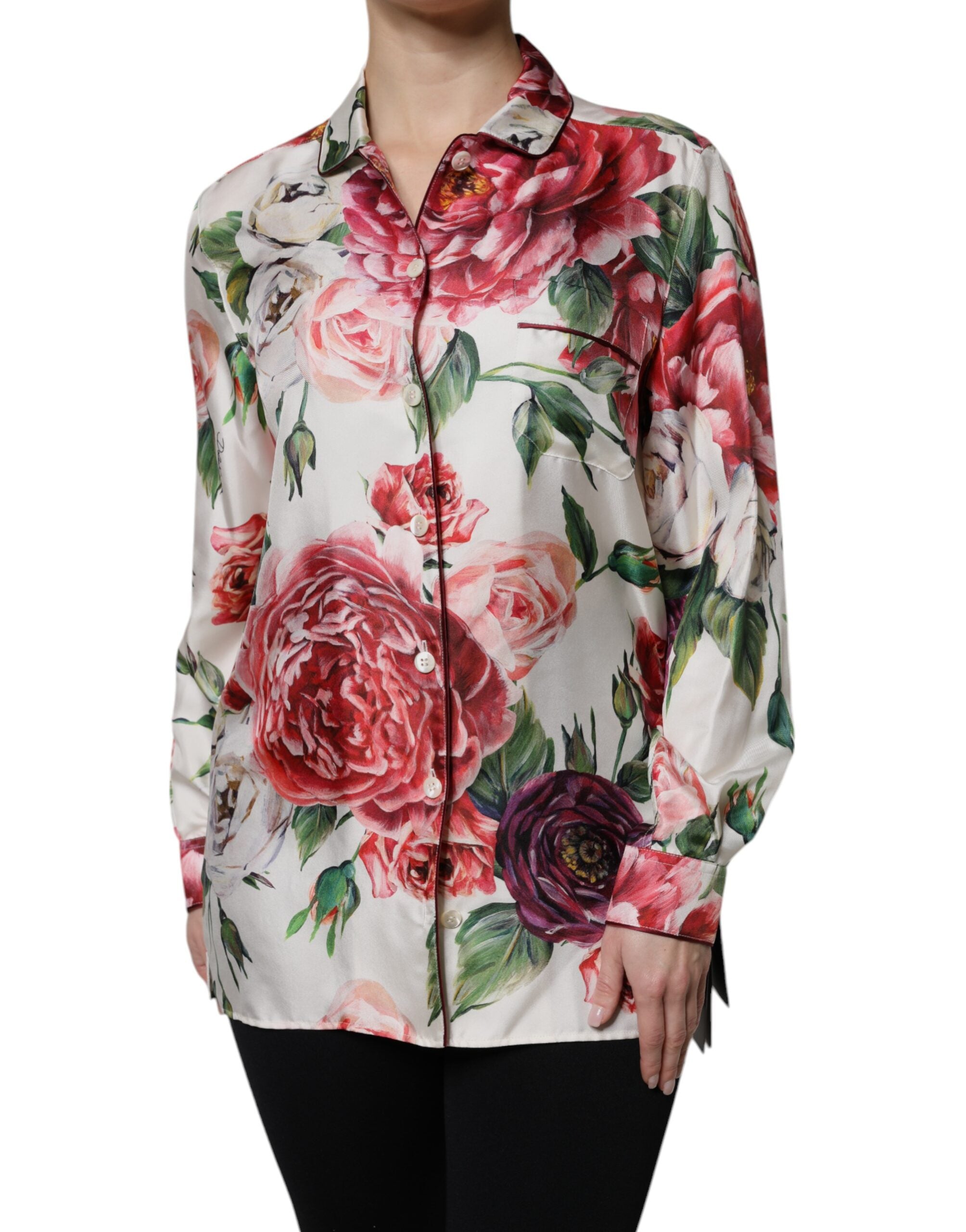 White Floral Silk Lounge Sleepwear Blouse Top