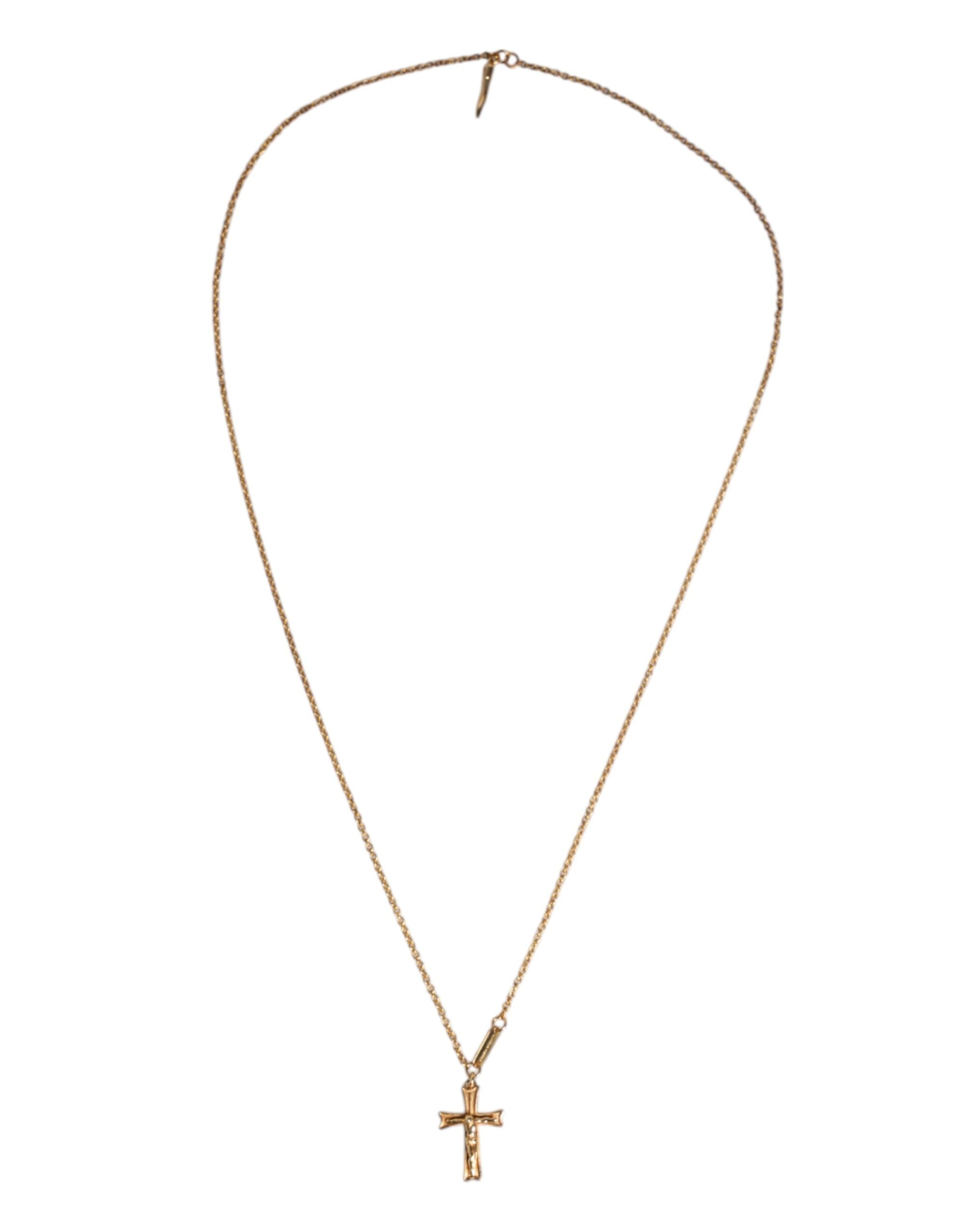 Gold Tone Brass Chain Religious Cross Pendant Necklace
