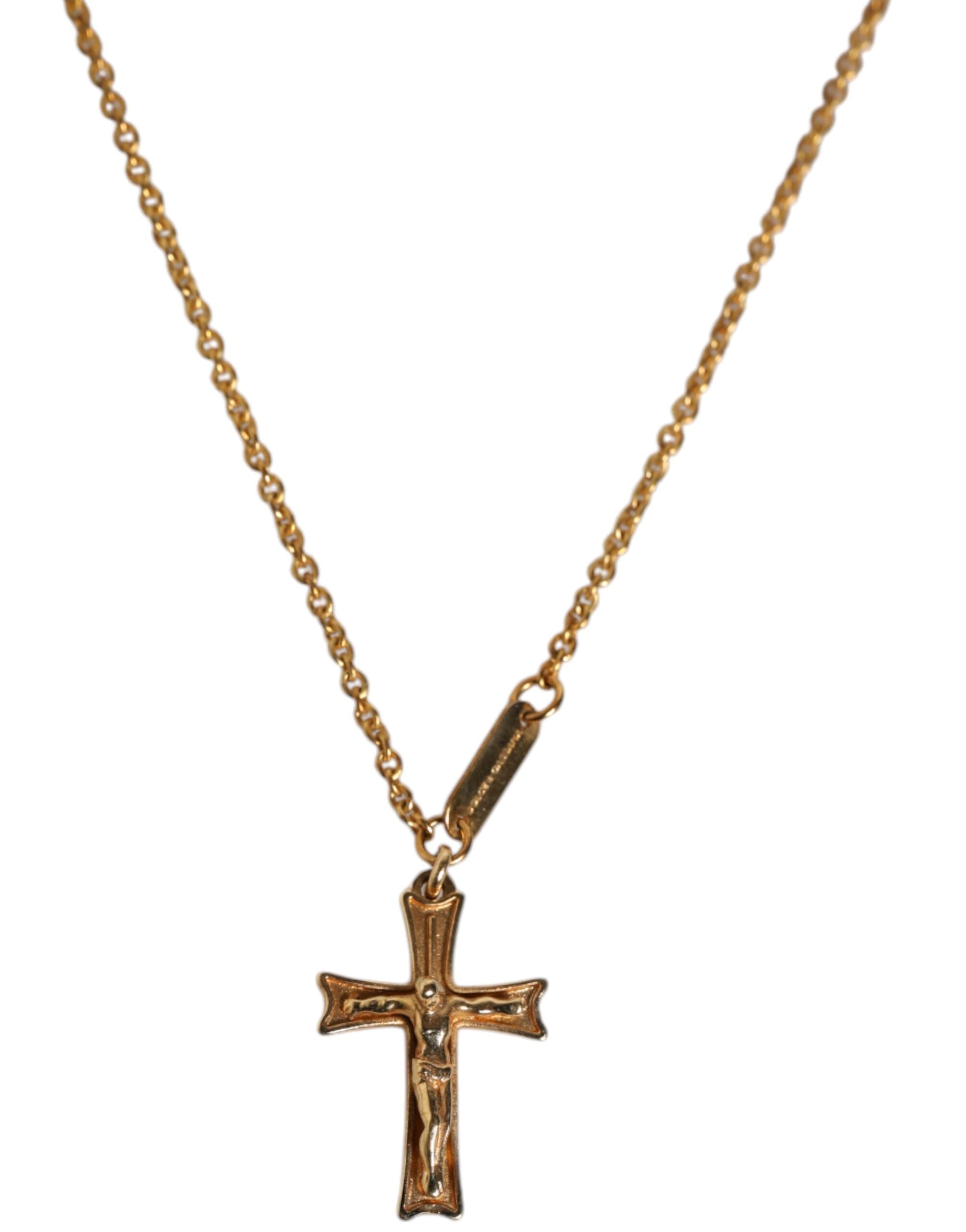 Gold Tone Brass Chain Religious Cross Pendant Necklace