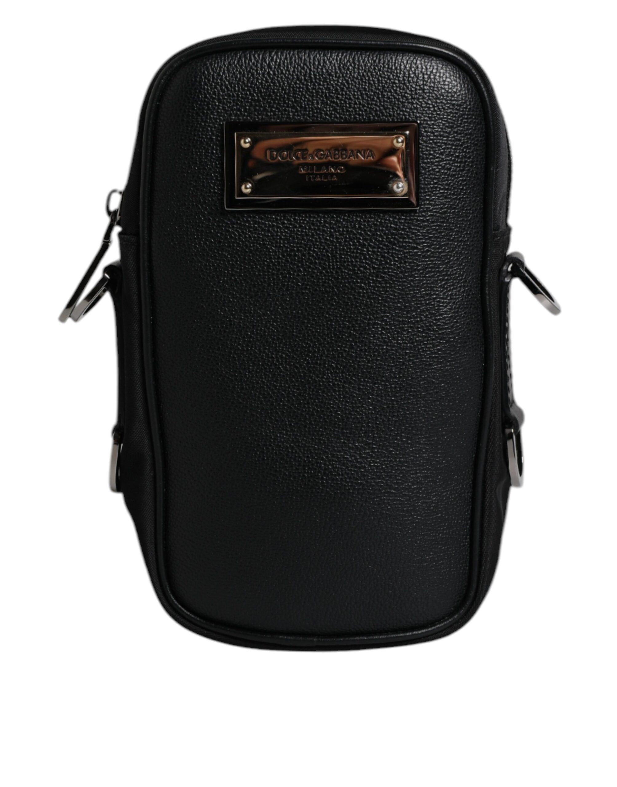Black Nylon Leather Logo Plaque Crossbody Sling Bag