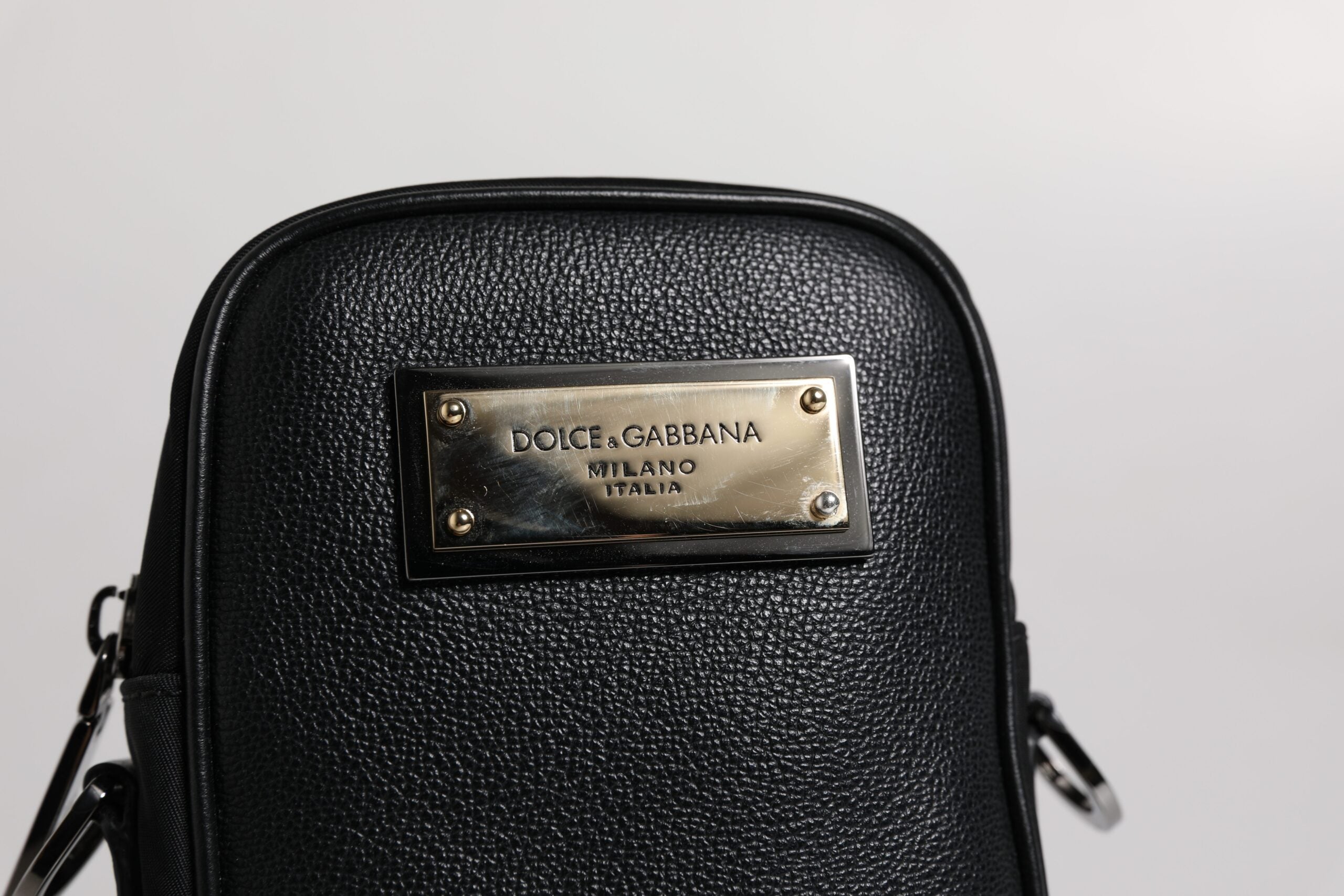 Black Nylon Leather Logo Plaque Crossbody Sling Bag