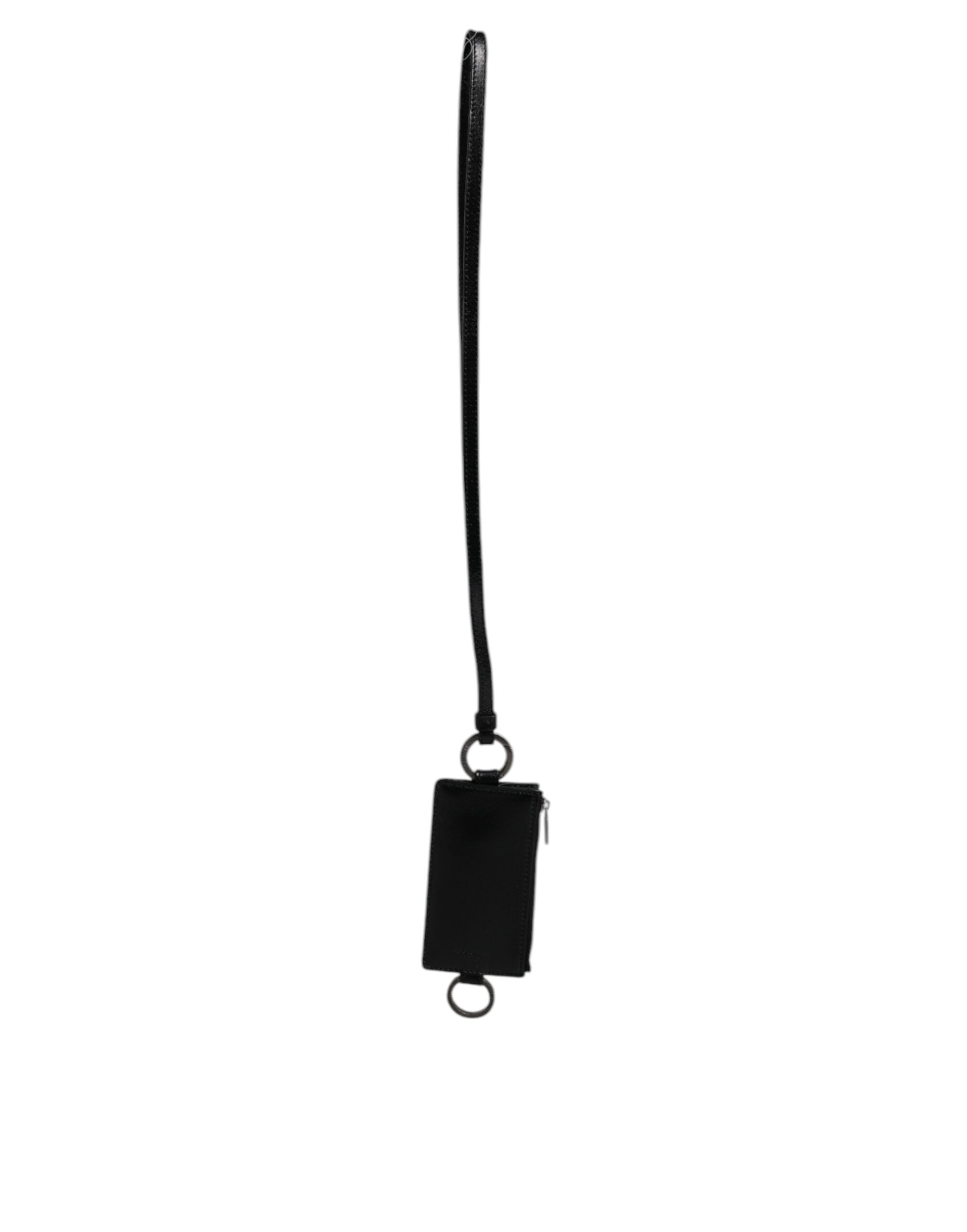 Black Calf Leather Lanyard Logo Card Holder Wallet