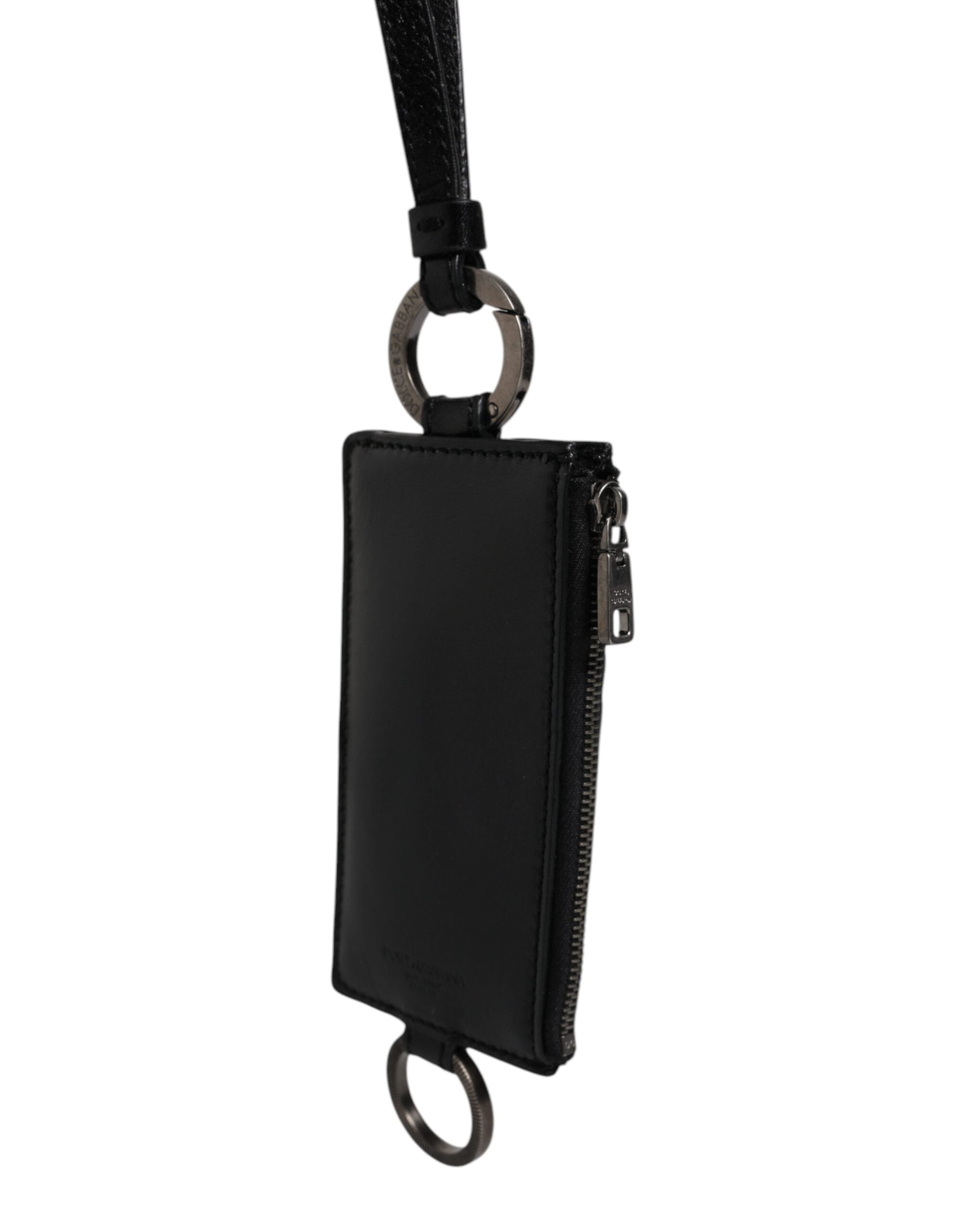 Black Calf Leather Lanyard Logo Card Holder Wallet