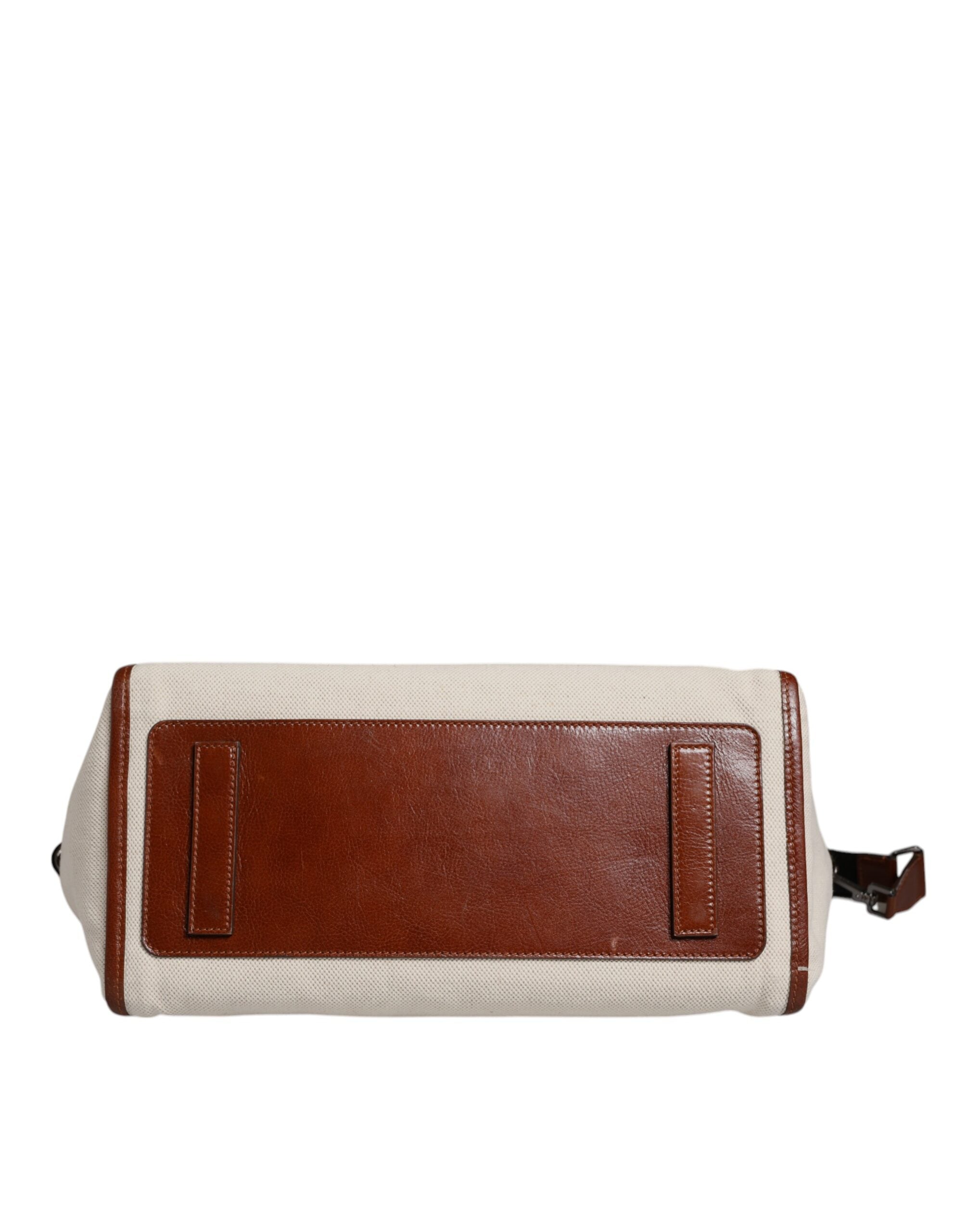 Beige Brown Cotton Leather Duffle Shoulder Bag