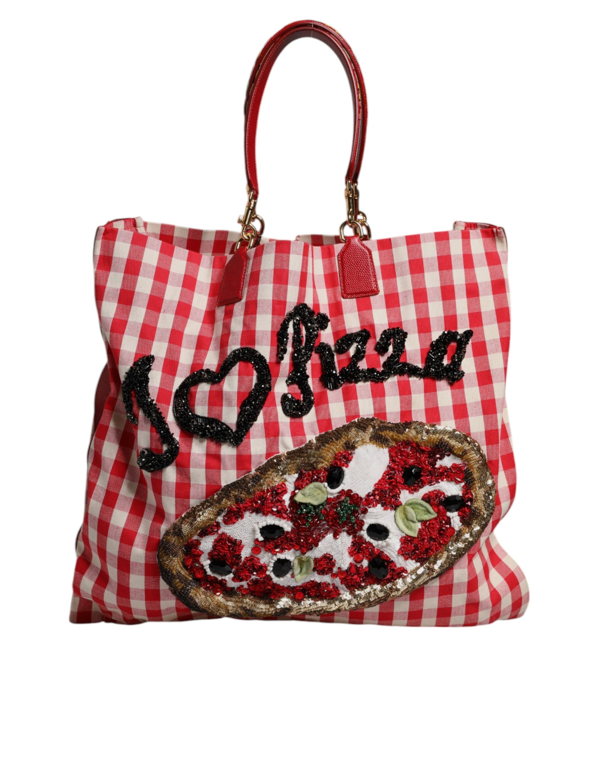 Red Checkered Embellished Shopping Tote Cotton Bag