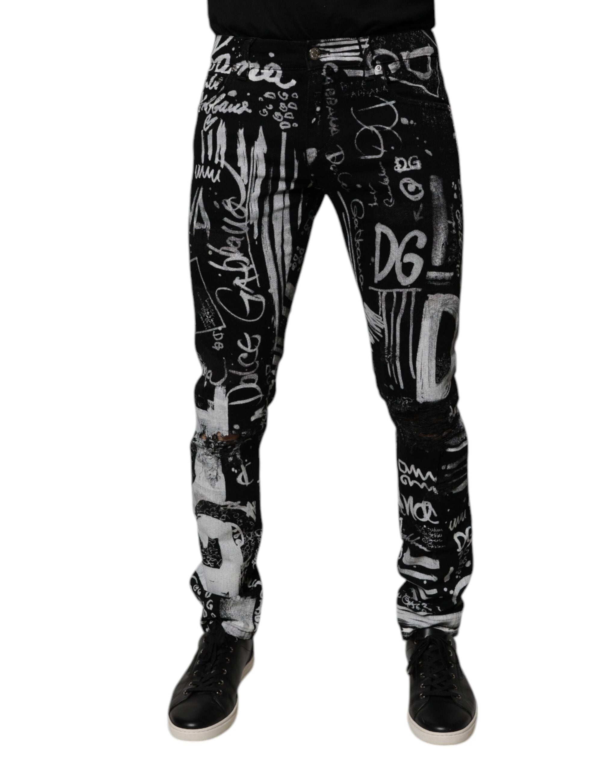 Black Cotton Logo Print Skinny Denim Jeans
