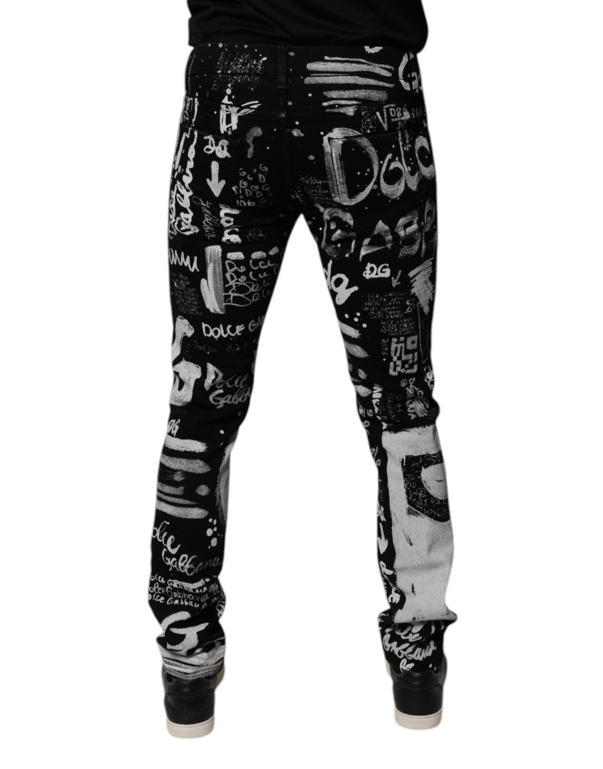 Black Cotton Logo Print Skinny Denim Jeans