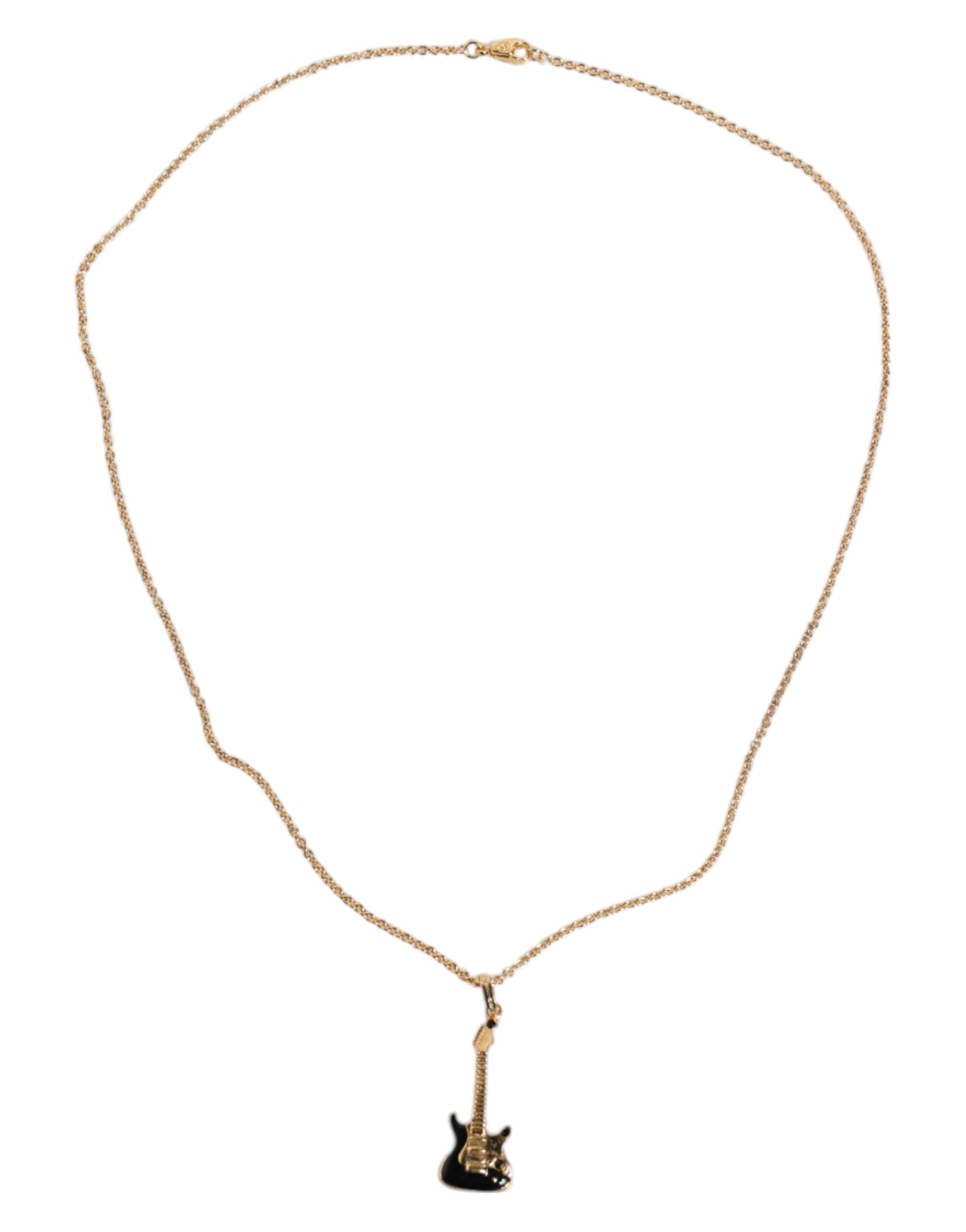 Gold Tone Chain Brass Crystal Guitar Pendant Necklace