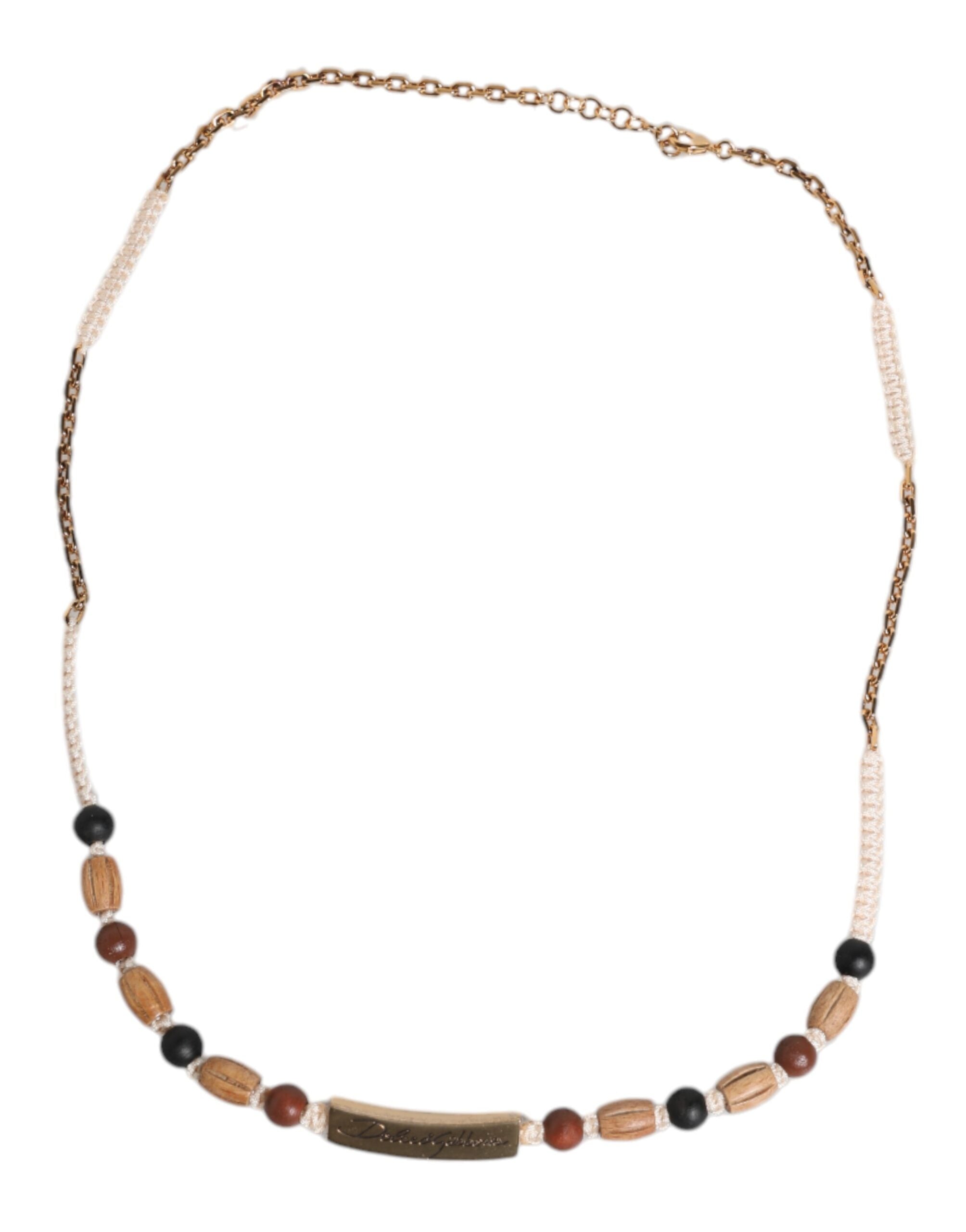 Dolce & Gabbana Black Gold Wooden Beaded Logo Pendant Necklace