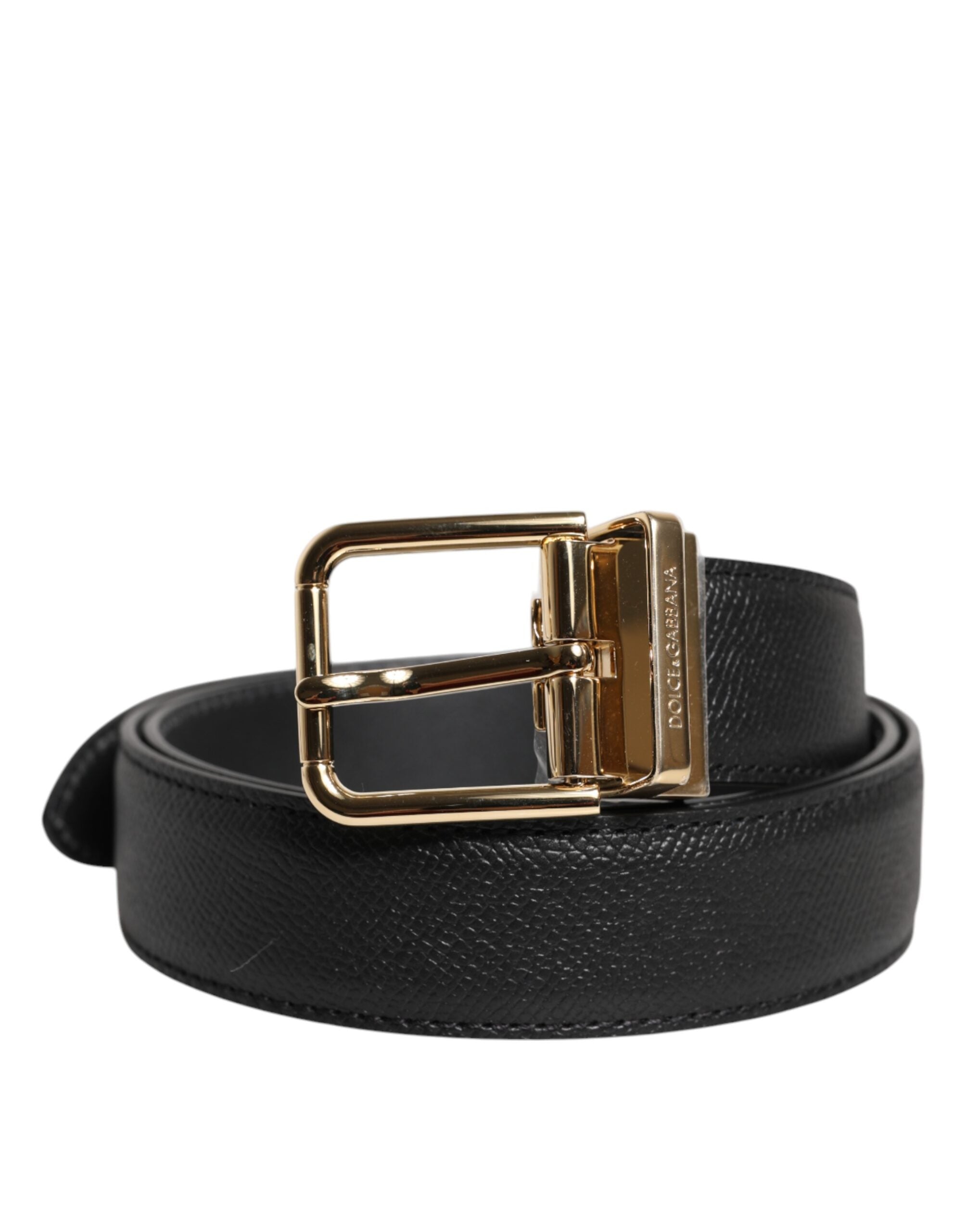 Black Calfskin Leather Gold Metal Buckle Belt