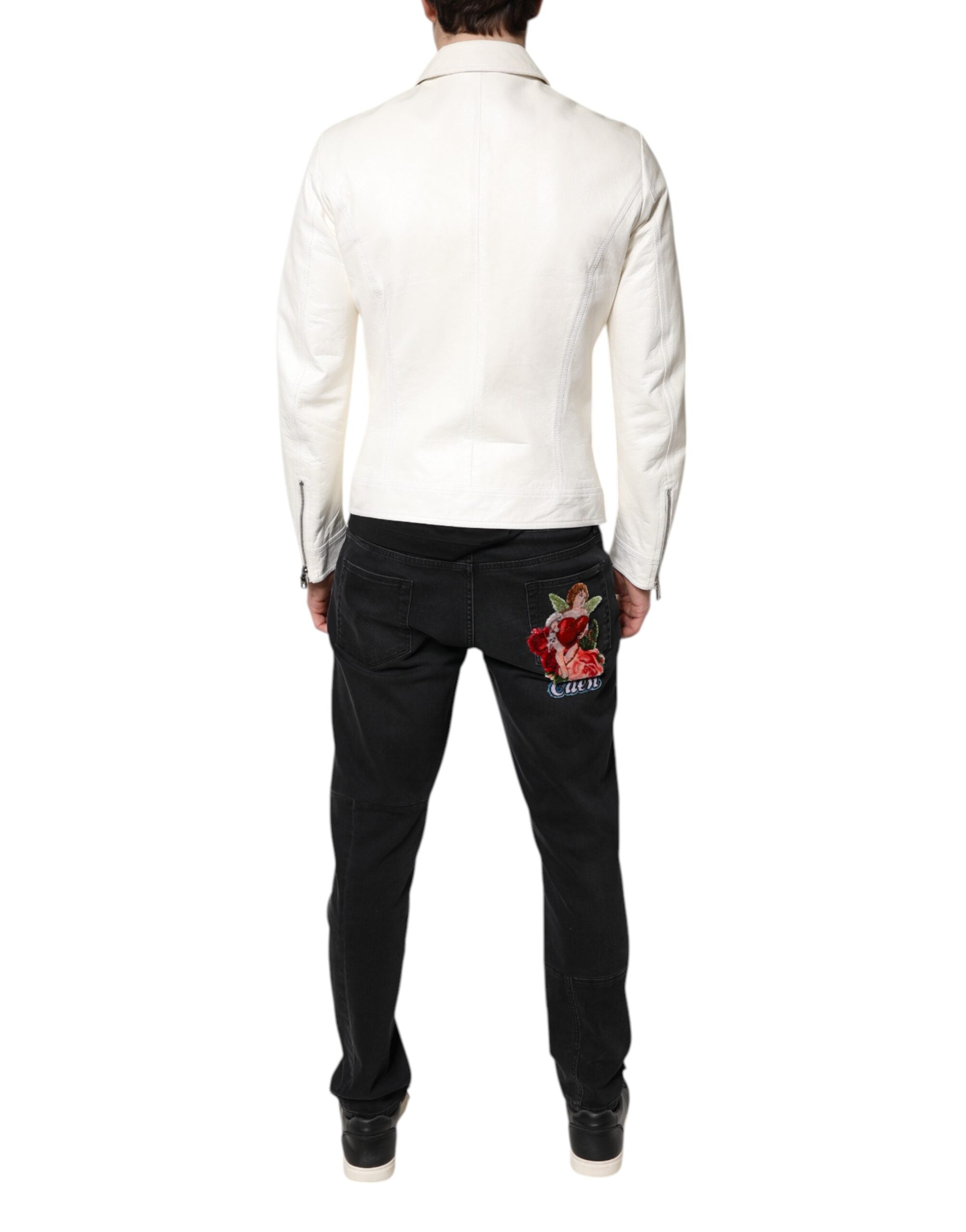 White Collared Full Zip Biker Coat Jacket