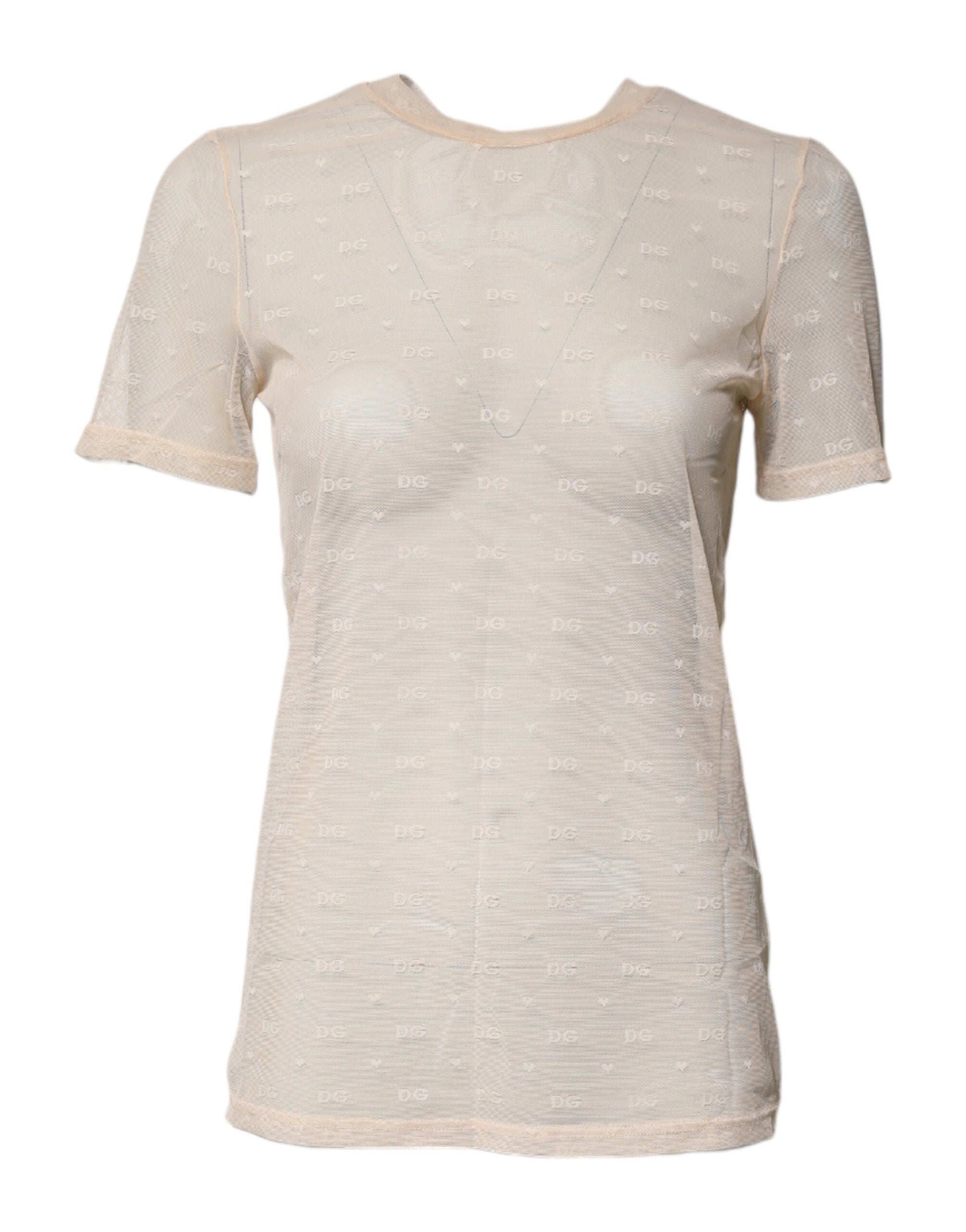 Ivory Nylon See Through Women Short Sleeves Top