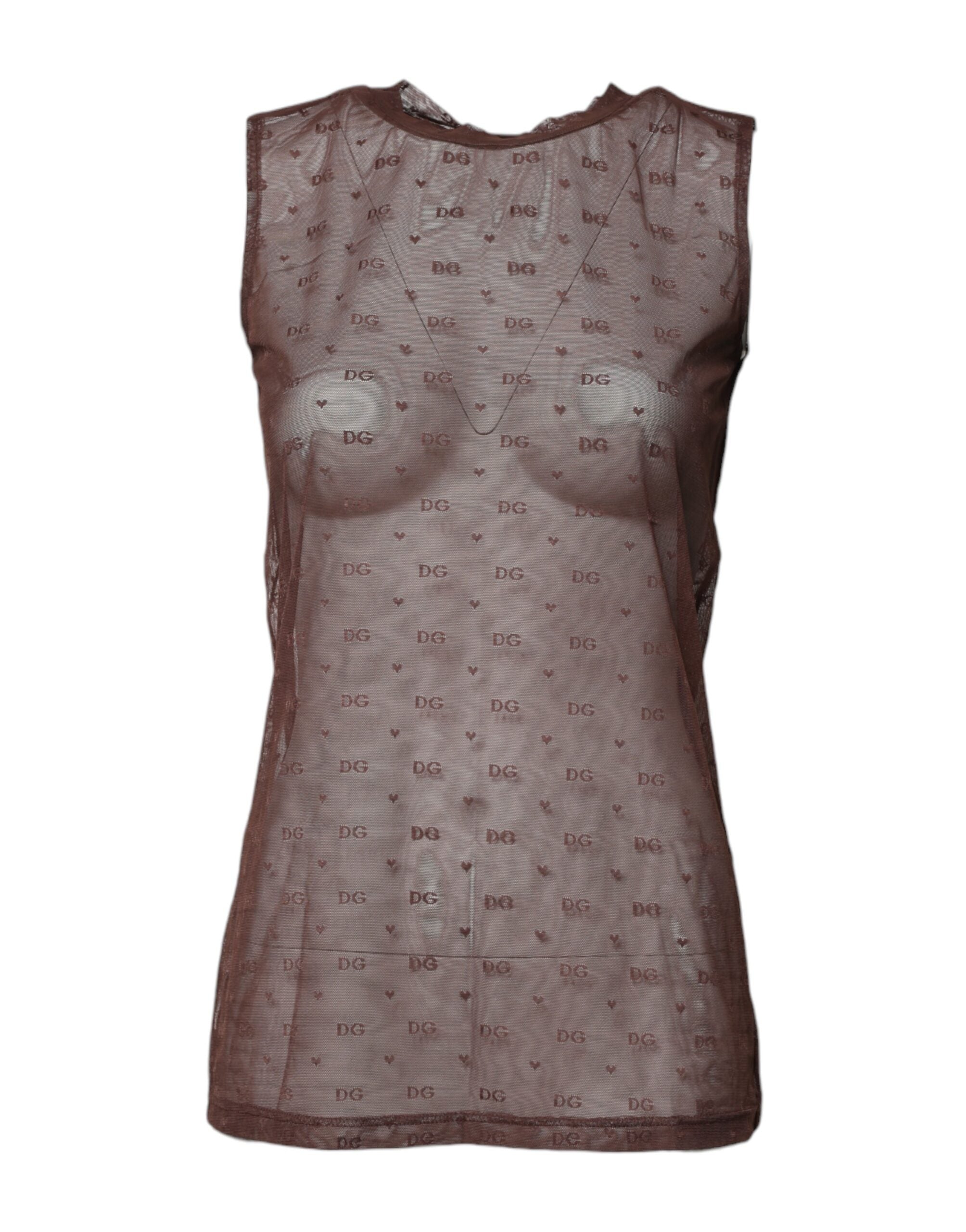 Brown Nylon See Through Women Sleeveless Tank Top