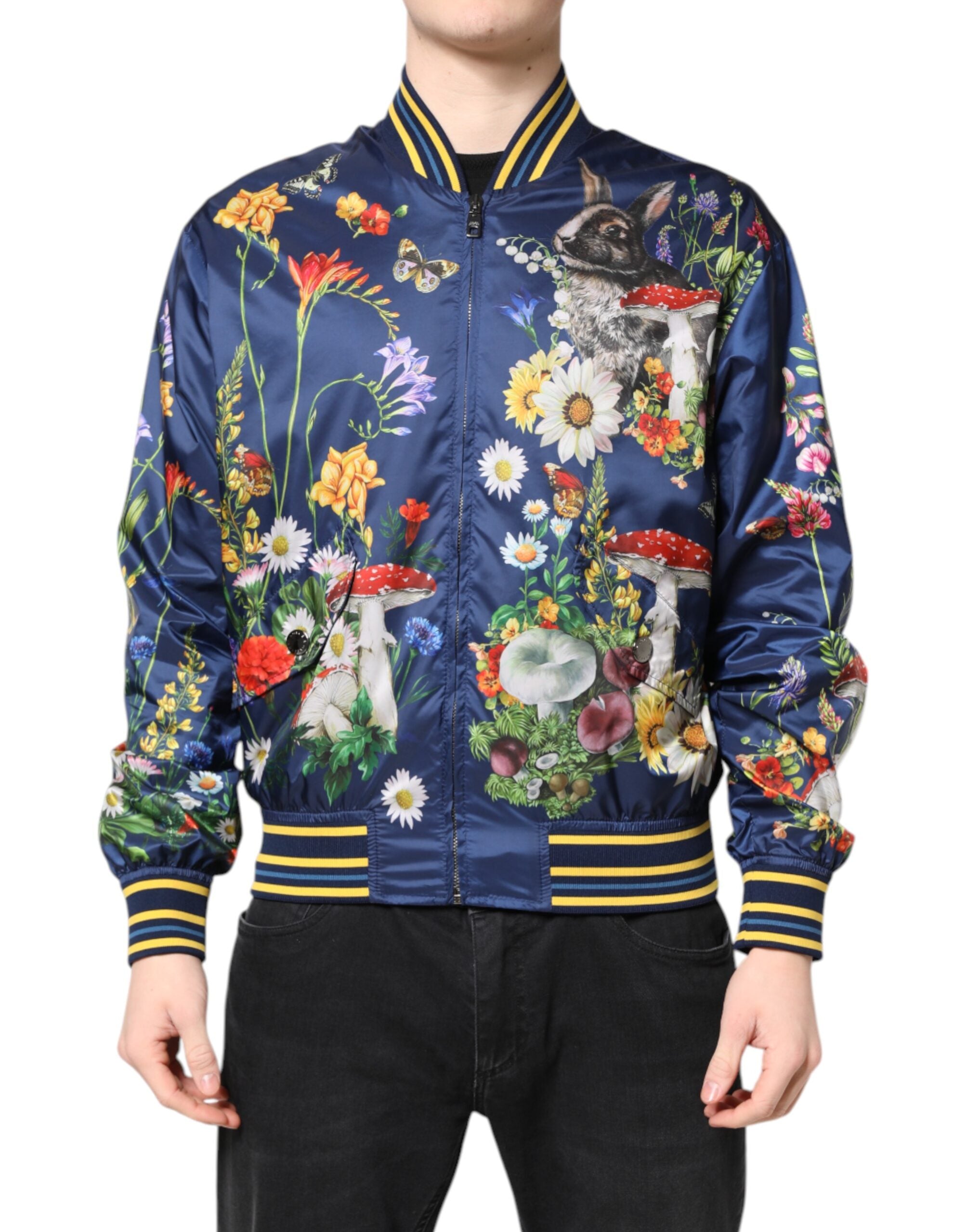 Blue Polyester Floral Print Bomber Jacket