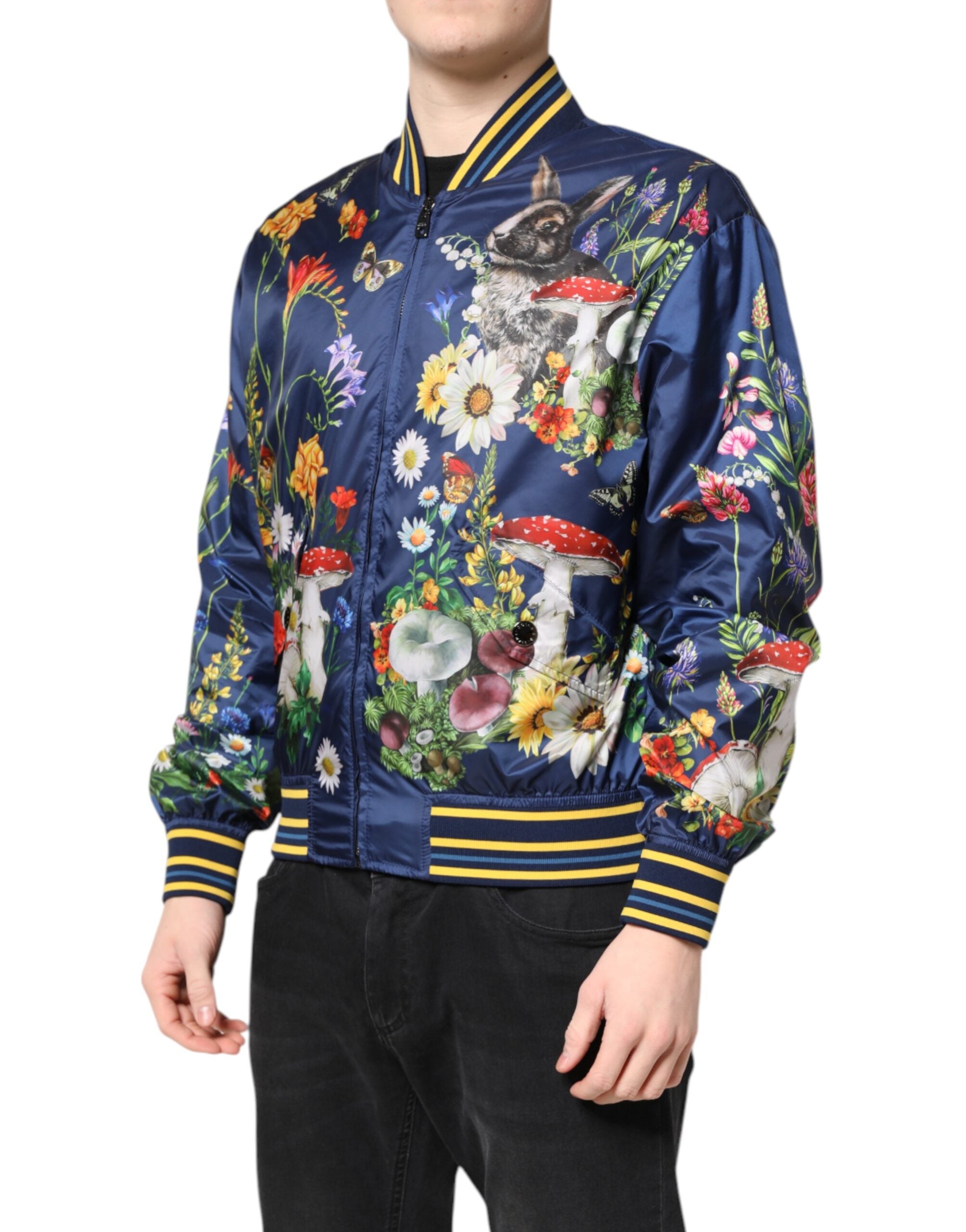 Blue Polyester Floral Print Bomber Jacket