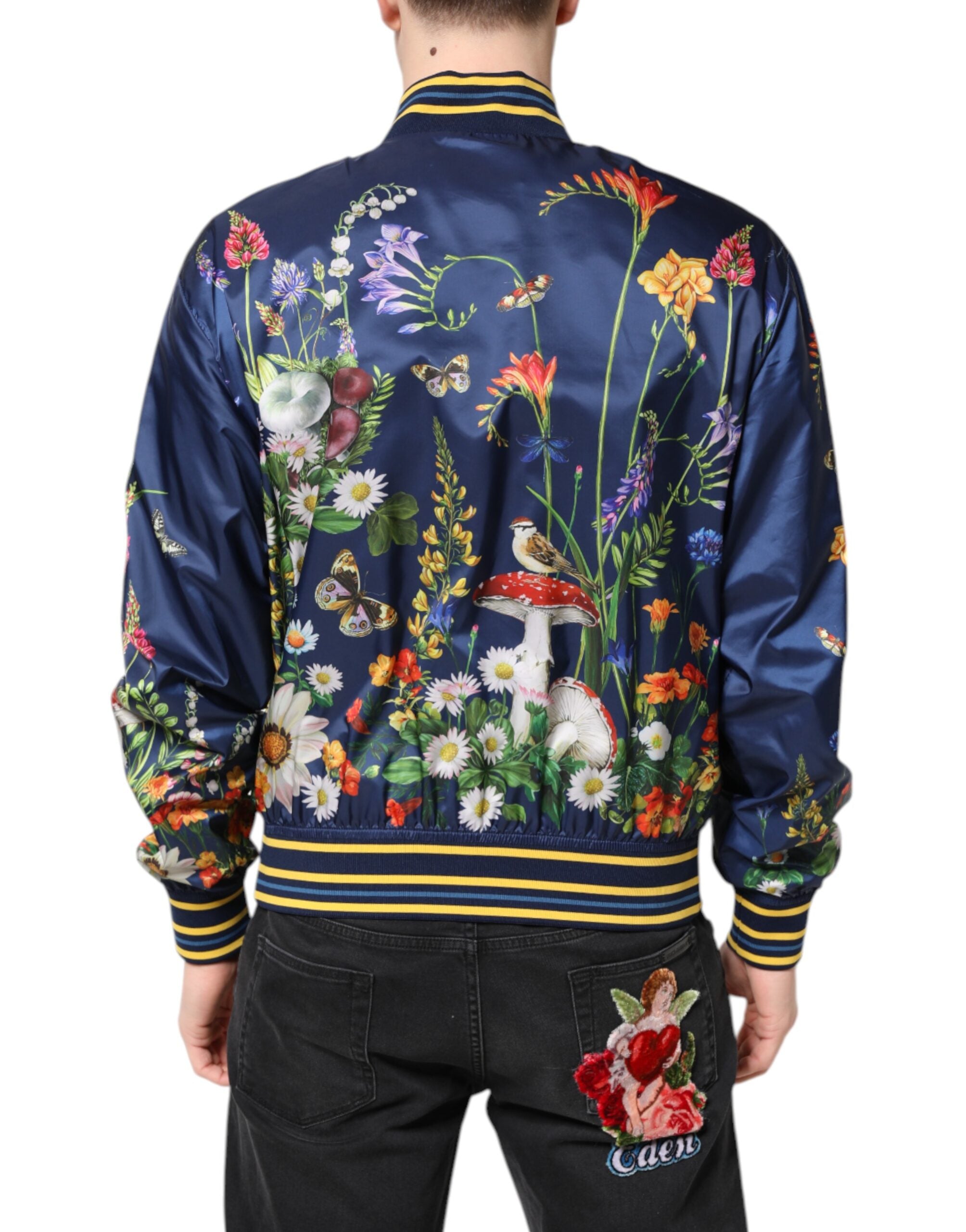 Blue Polyester Floral Print Bomber Jacket