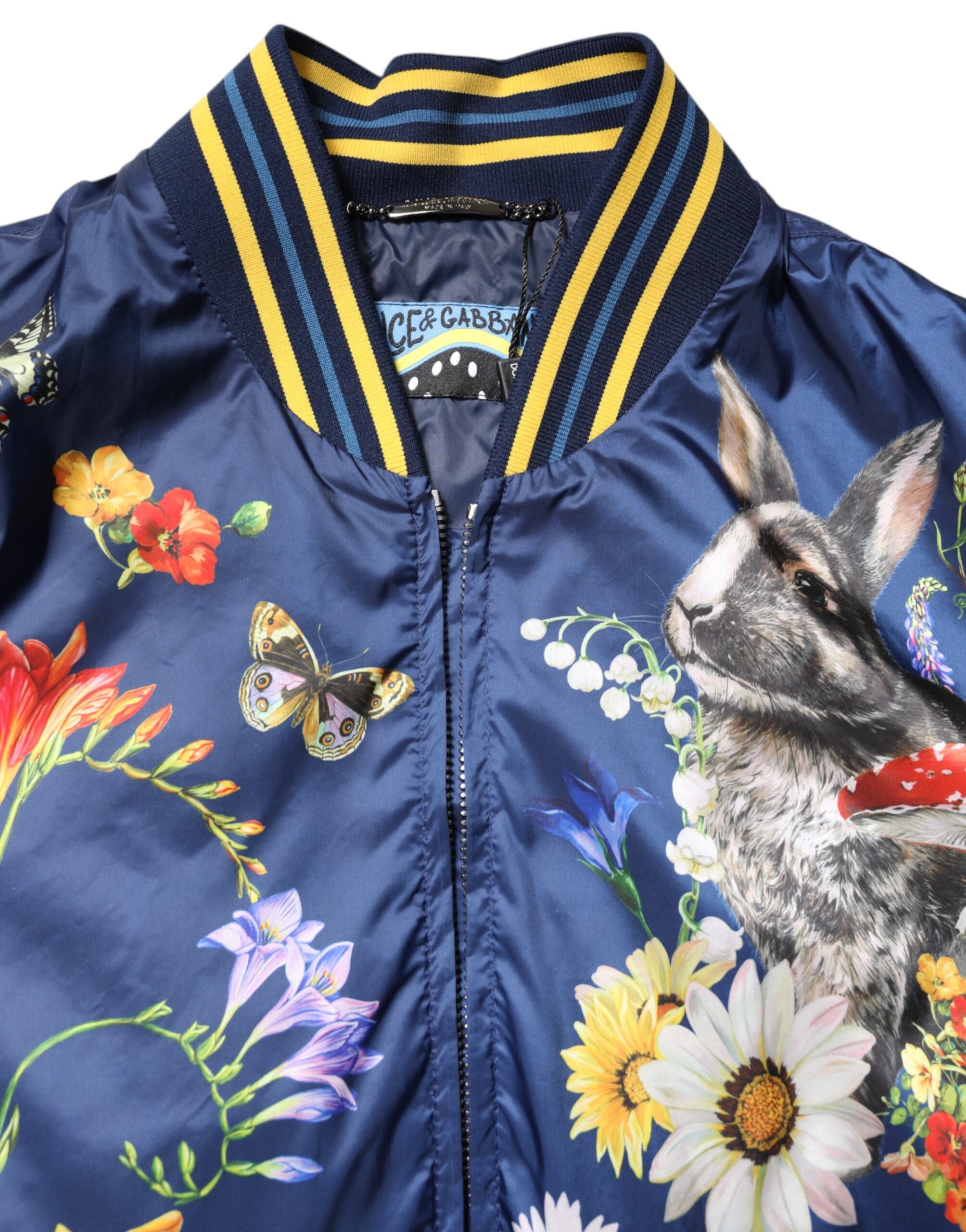Blue Polyester Floral Print Bomber Jacket