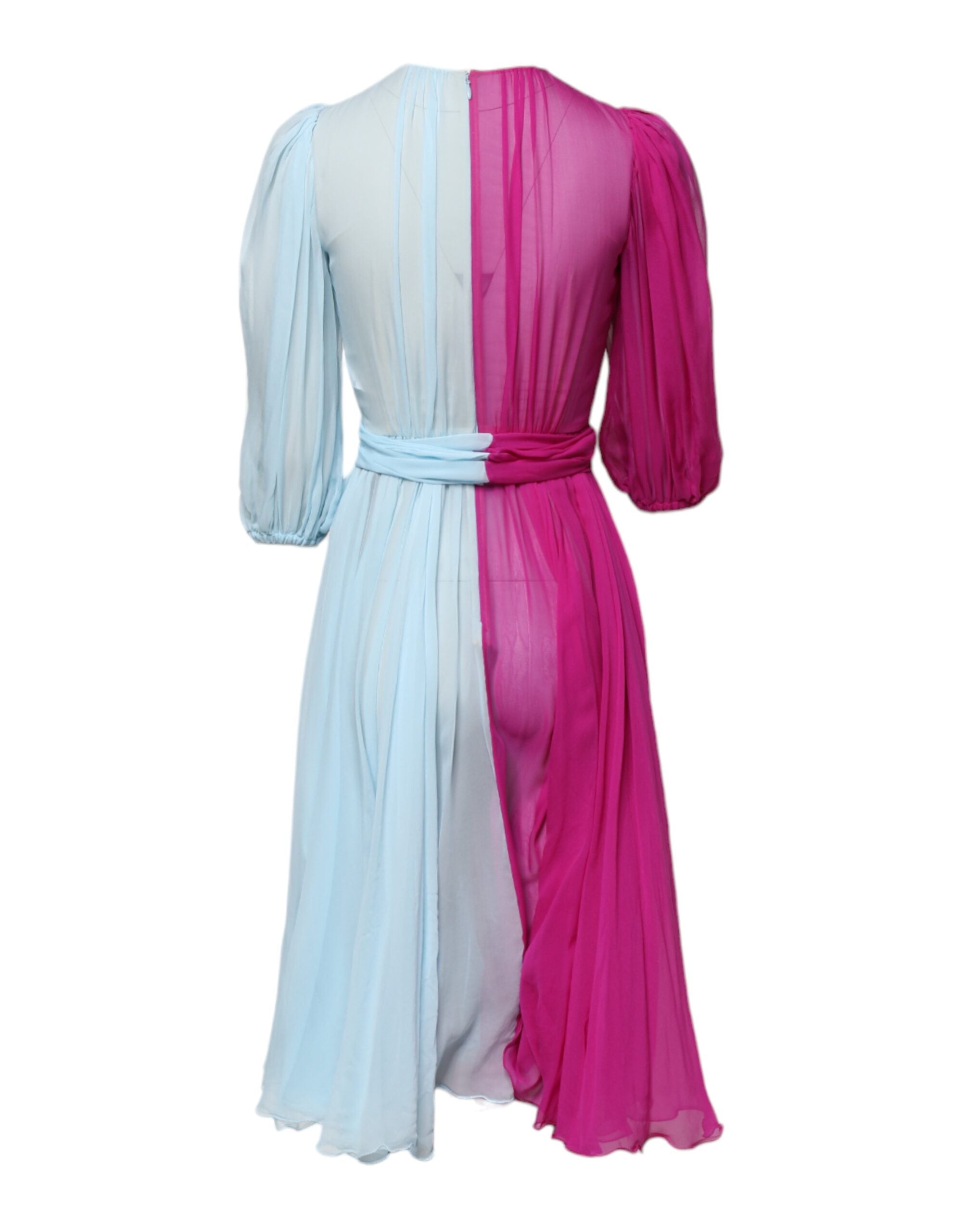 Pink Blue Silk 3/4 Sleeves A-line Dress