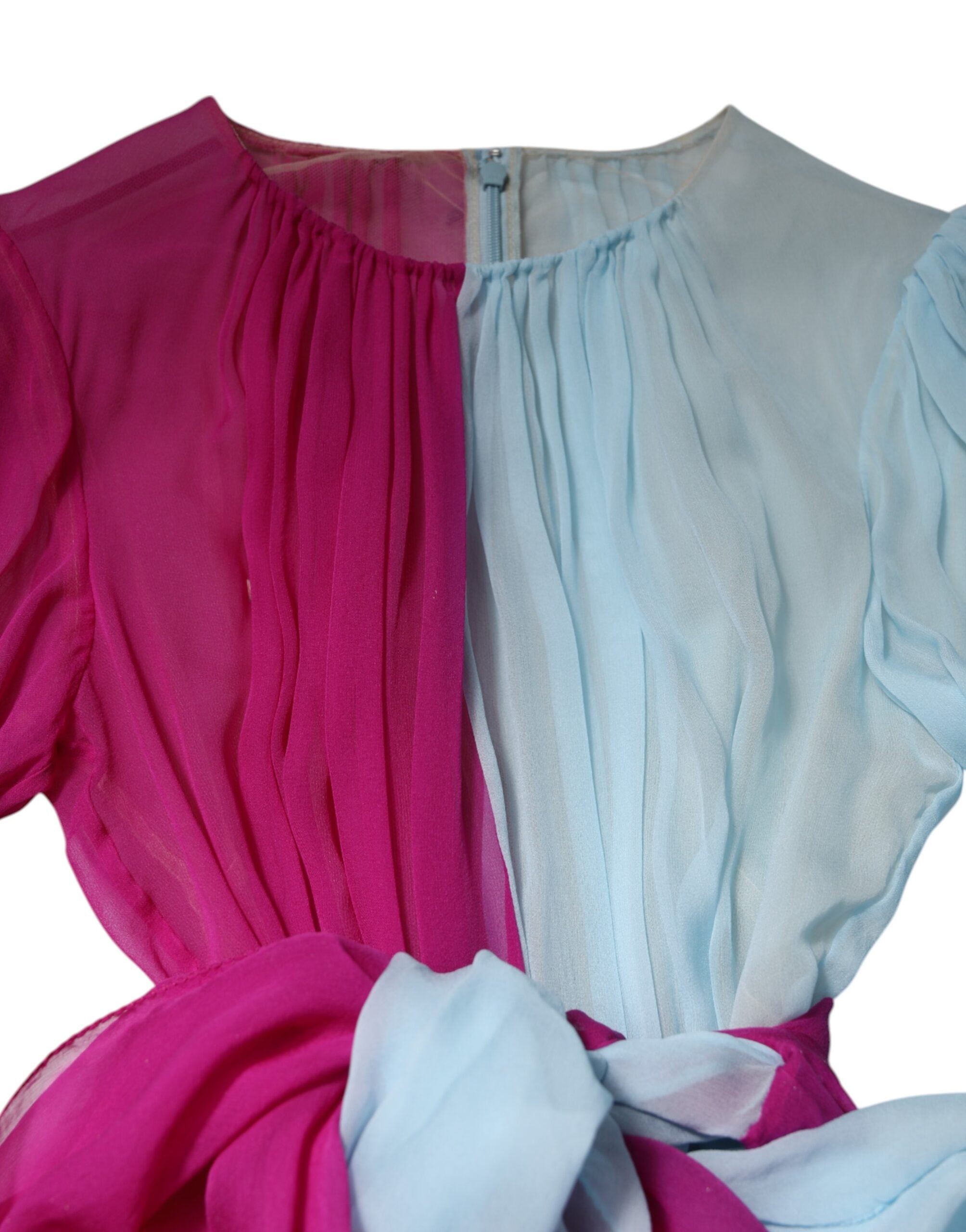 Pink Blue Silk 3/4 Sleeves A-line Dress