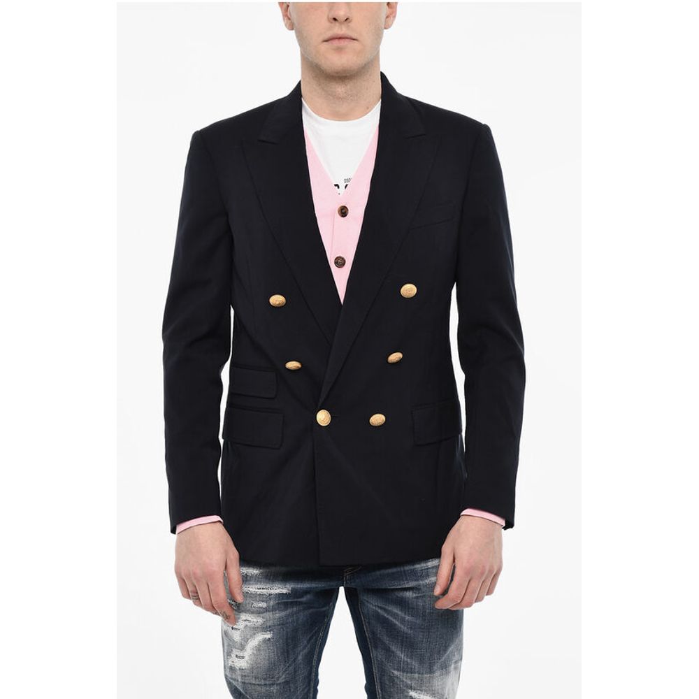 Flap Pockets Double Breasted Blazer with Golden Effect Butto