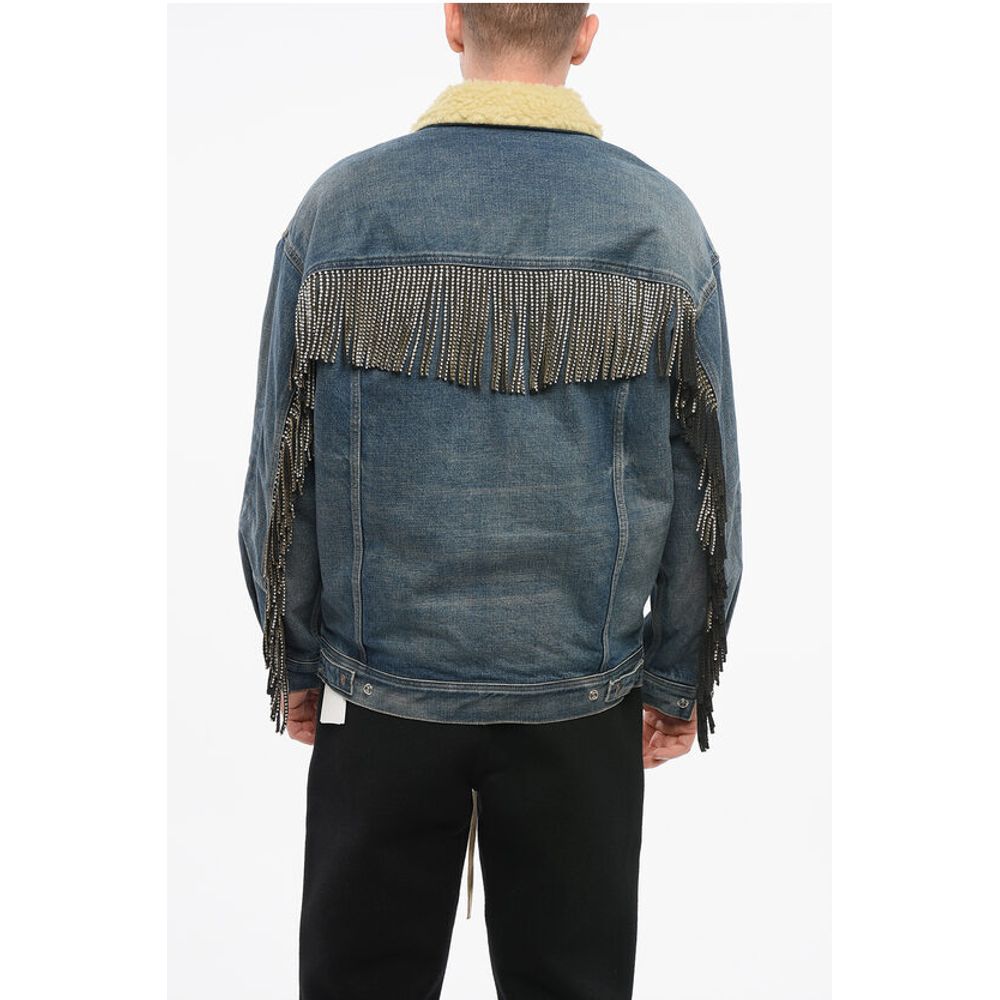 Shearling Lined Denim Jacket with Rhinestoned Fringes