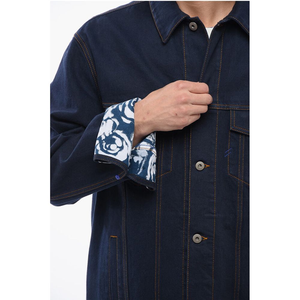 Dark Washed Denim Jacket with Printed Cuffs