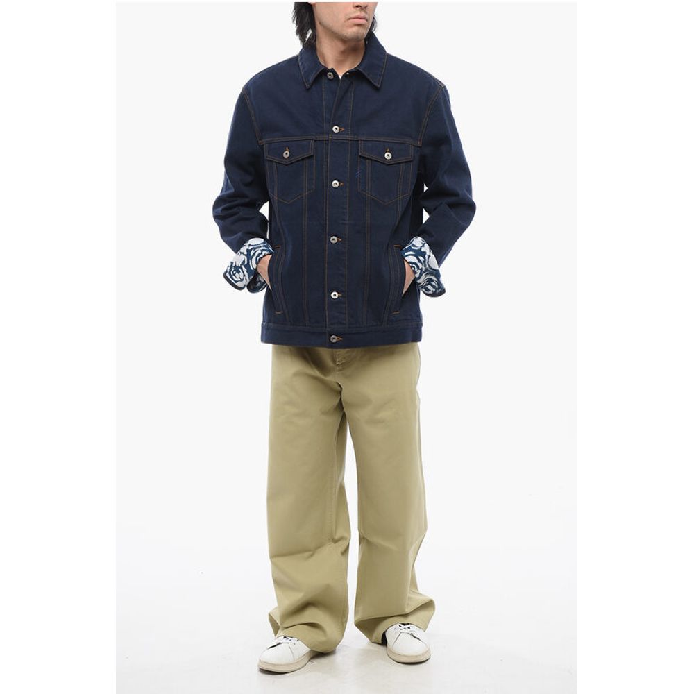 Dark Washed Denim Jacket with Printed Cuffs