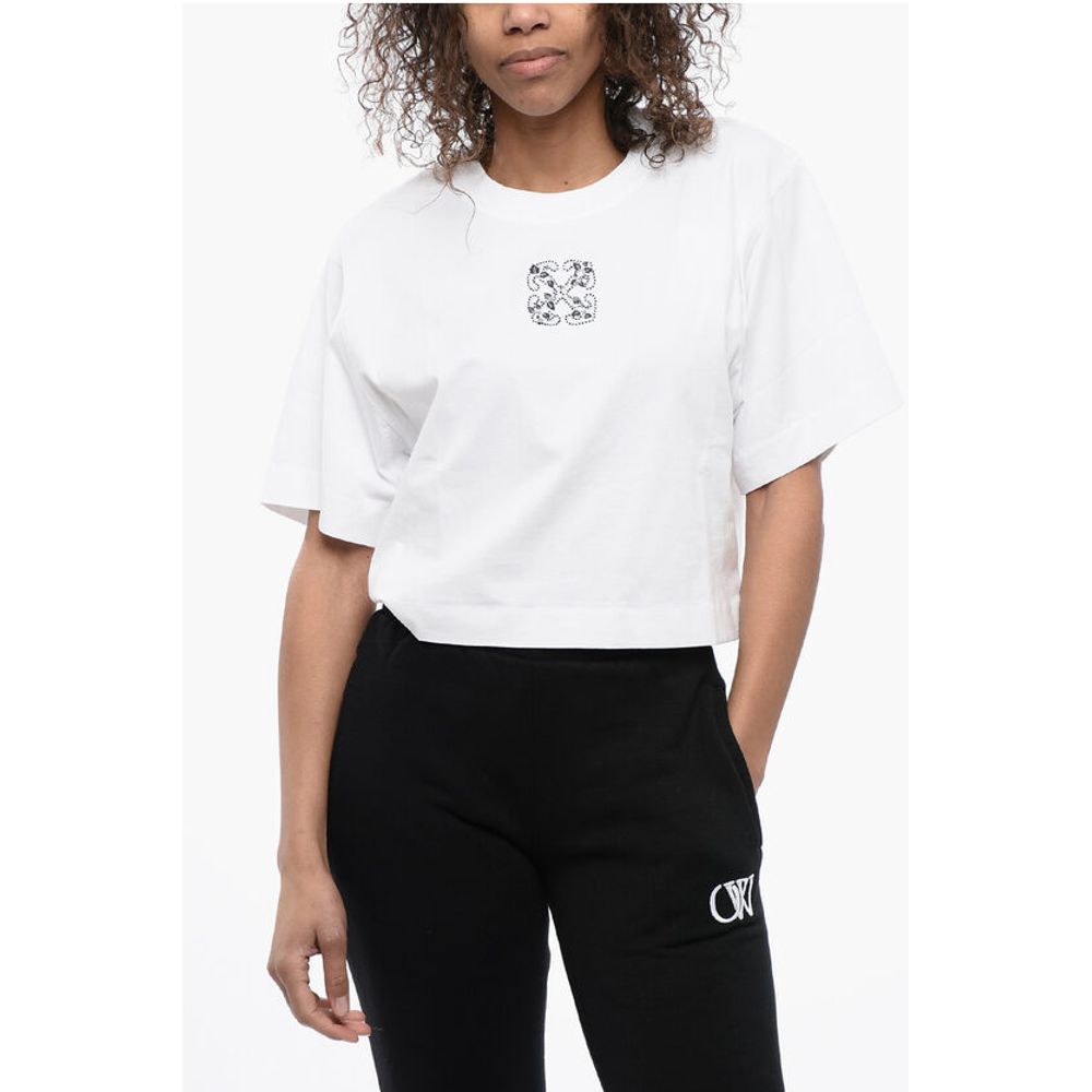 Crew-neck Crop T-Shirt with Rhinestones Embellished Logo