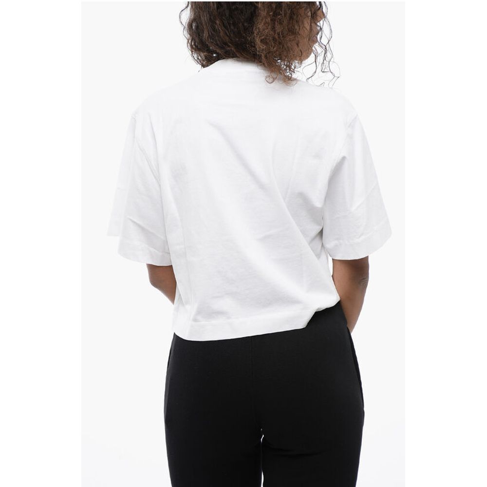 Crew-neck Crop T-Shirt with Rhinestones Embellished Logo