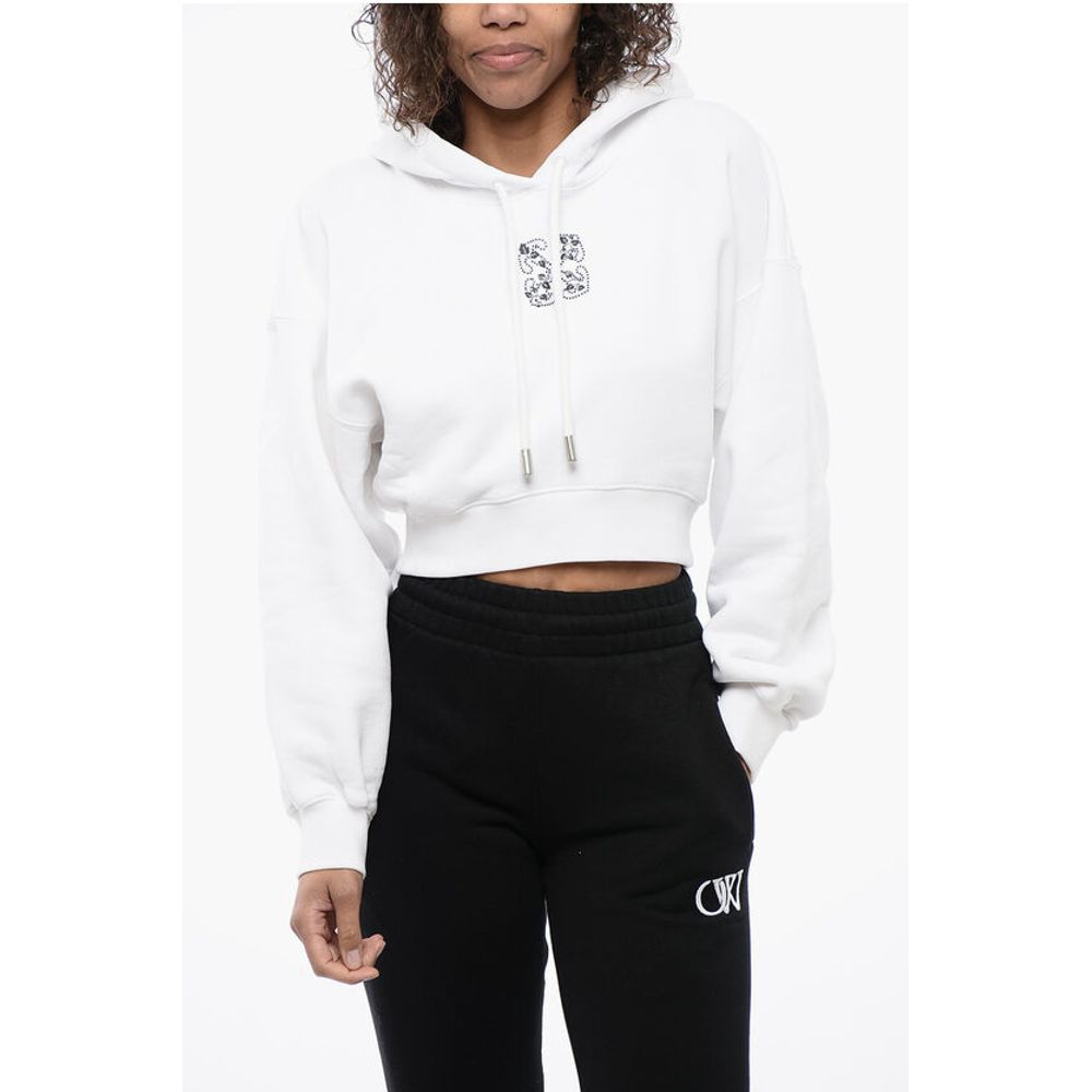 Brushed Cotton Cropped Hoodie with Rhinestone Embellished Lo