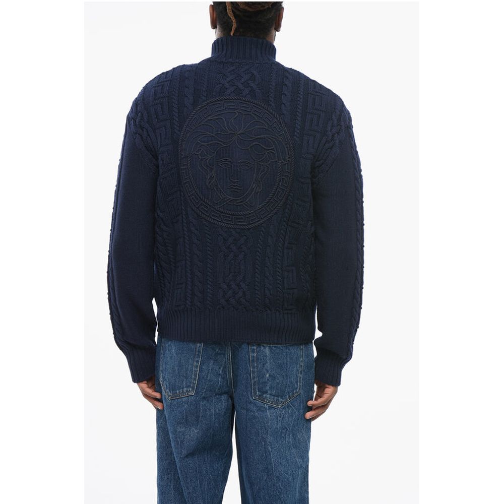 Virgin Wool Zip-up Pullover with Cable Knit Design