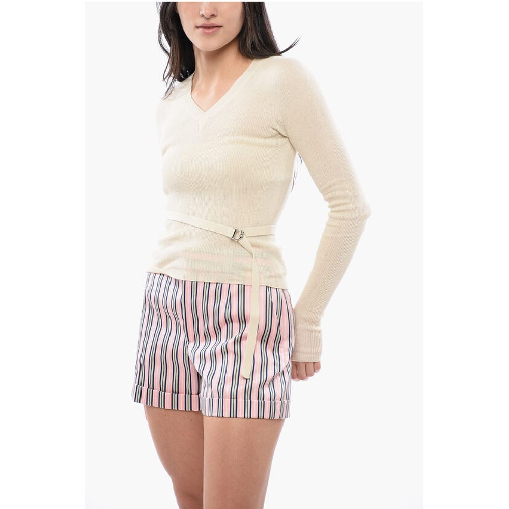 V-Neck Cotton Sweater with Lace-up Detail