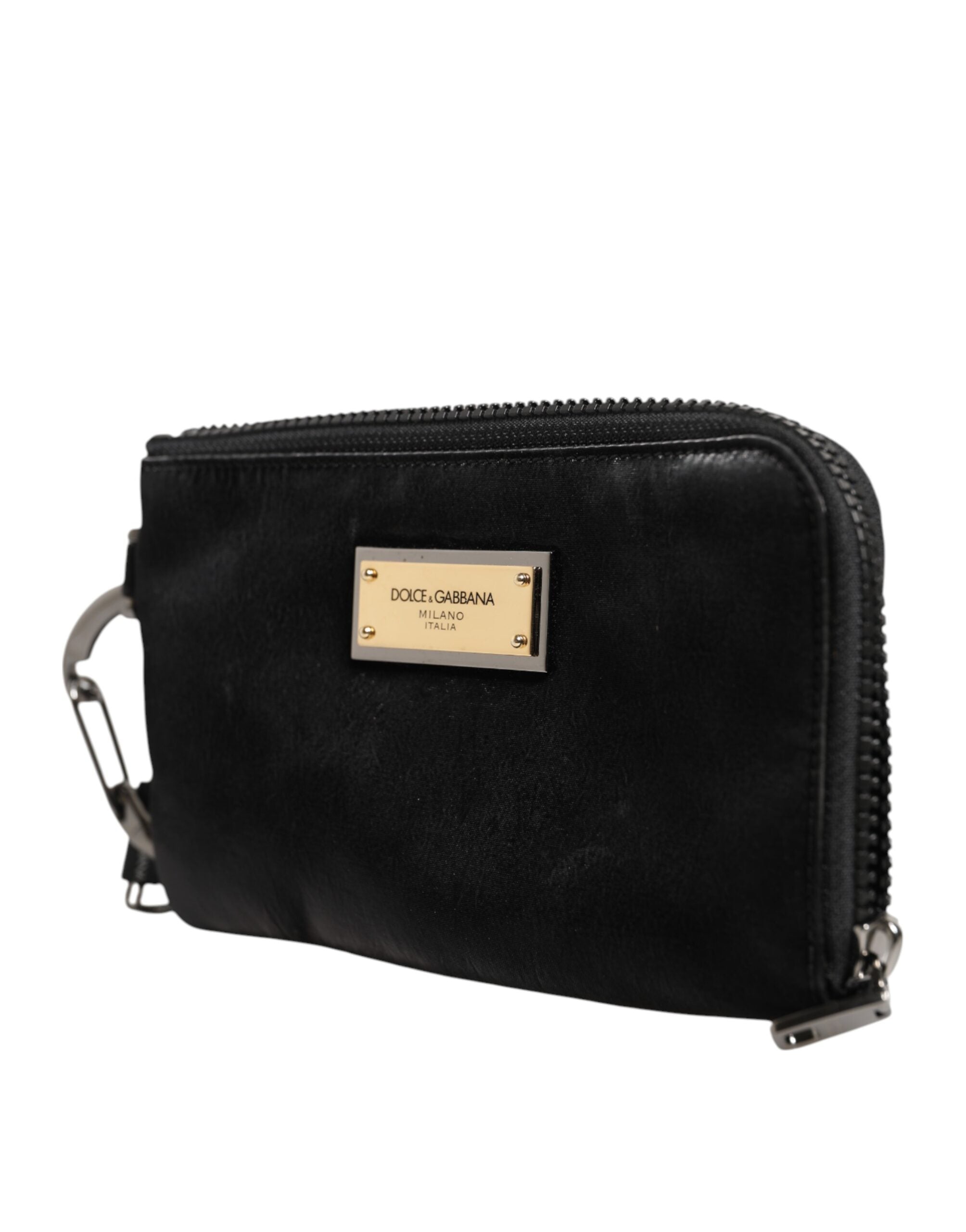 Black Nylon Logo Plaque Keyring Pouch Clutch Bag
