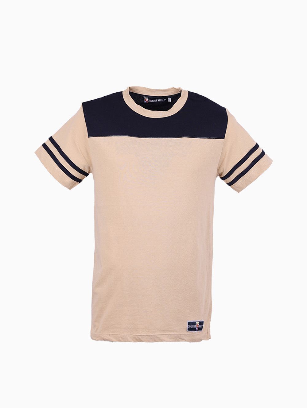 Front view of Squadra Navale men’s beige & navy cotton T-shirt with striped sleeves
