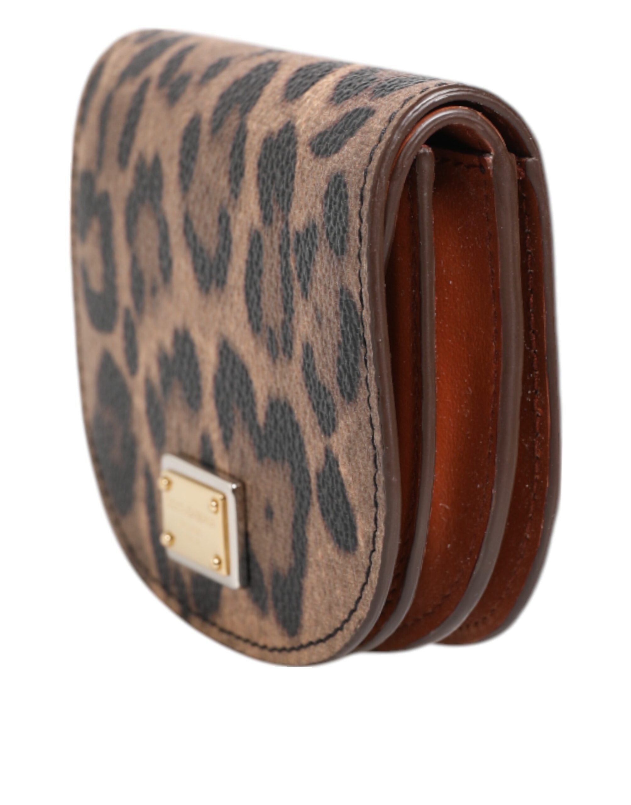 Dolce & Gabbana Brown Black Calf Leather Leopard Print Logo Plaque Wallet